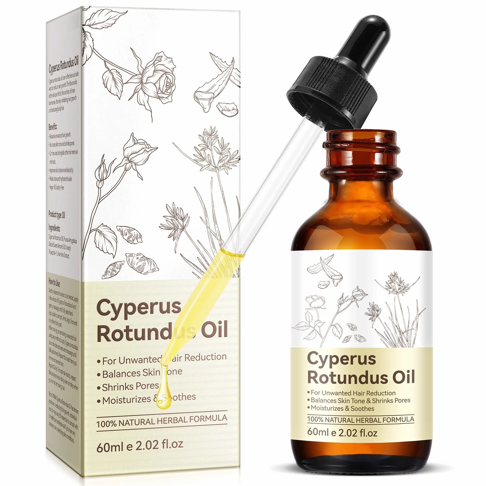 Cyperus Rotundus olejek do depilacji, 100% czysty, naturalny środek przeciwporostowy włosów na twarz i ciało, kojący po goleniu, zmniejsza pory i nawilża skórę (60 ml)