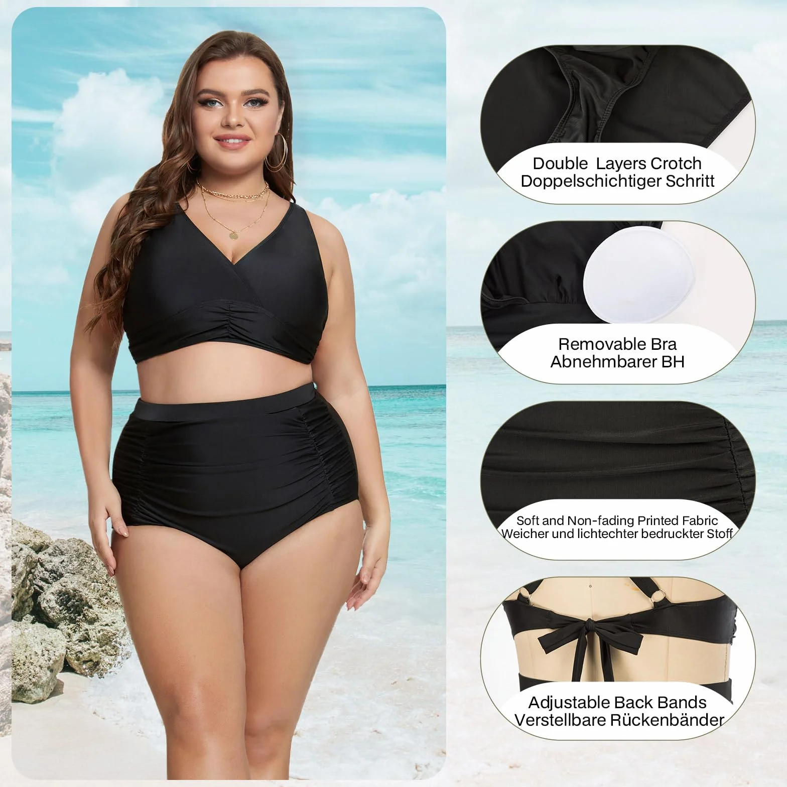 Hanna Nikole Damski zestaw bikini z wysokim stanem, marszczony strój kąpielowy push-up, kontrola brzucha, dwuczęściowy strój kąpielowy
