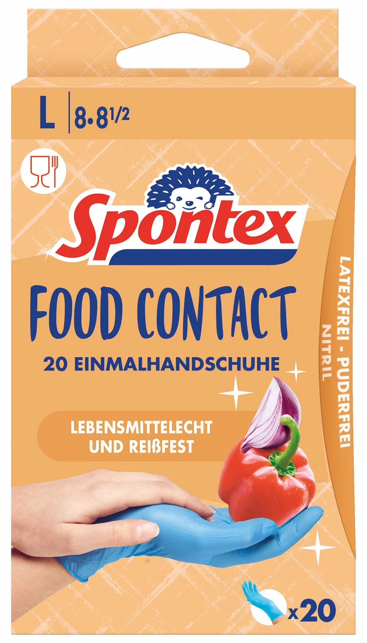 Spontex Food Contact, 20 jednorazowych rękawiczek z nitrylu, przeznaczone do kontaktu z żywnością, nie zawierają lateksu i bez pudru, rozmiar L (1 x 20 sztuk)