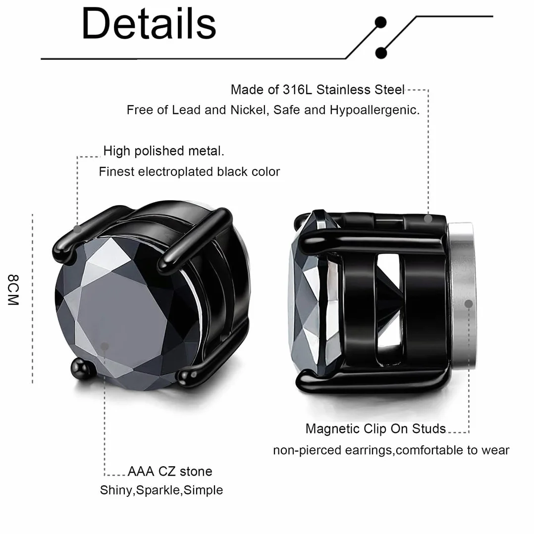 2 pary magnetycznych kolczyków ze stali nierdzewnej dla mężczyzn i kobiet unisex bez przekłuwania fałszywych magnesów zestaw kolczyków 8 mm, srebrny/czarny, M, Stal nierdzewna