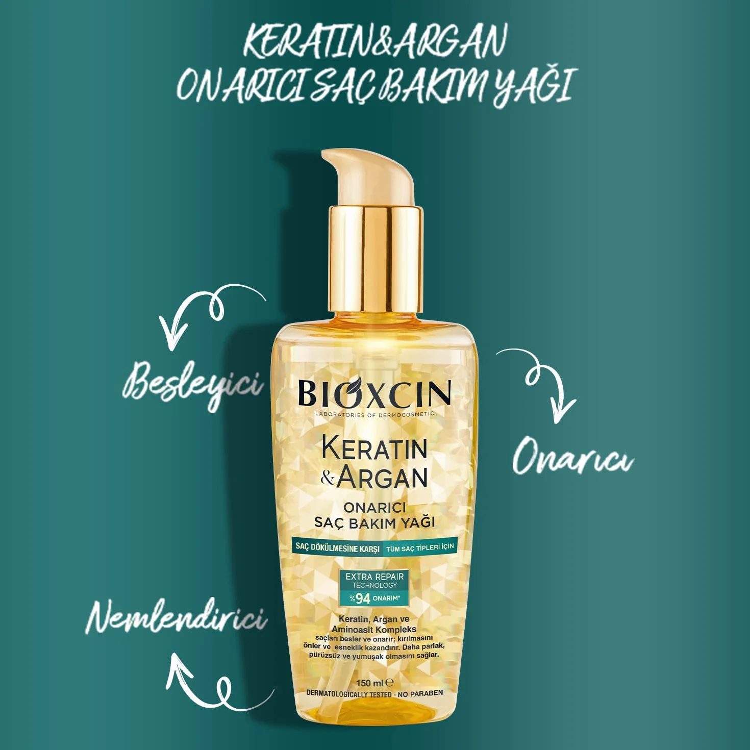 Bioxcin Keratyna i arganowy olejek do pielęgnacji włosów, 150 ml, głęboka pielęgnacja zniszczonych włosów, z efektem zapobiegającym puszeniu się, do wszystkich rodzajów włosów