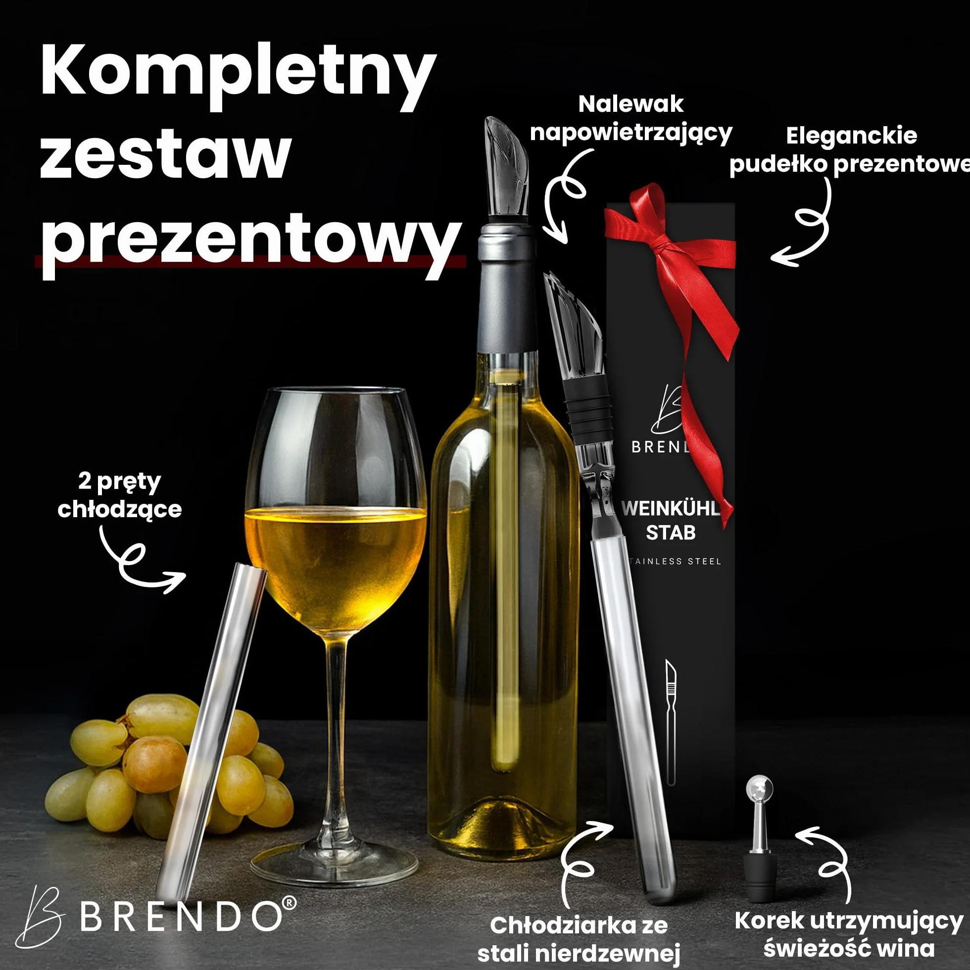 Brendo Chłodziarka do wina 4w1 – Pręt chłodzący ze stali nierdzewnej | Chłodzenie butelek z 2 długościami prętów + nalewak do wina + dekanter + korek | Zestaw prezentowy do wina dla mężczyzn i kobiet