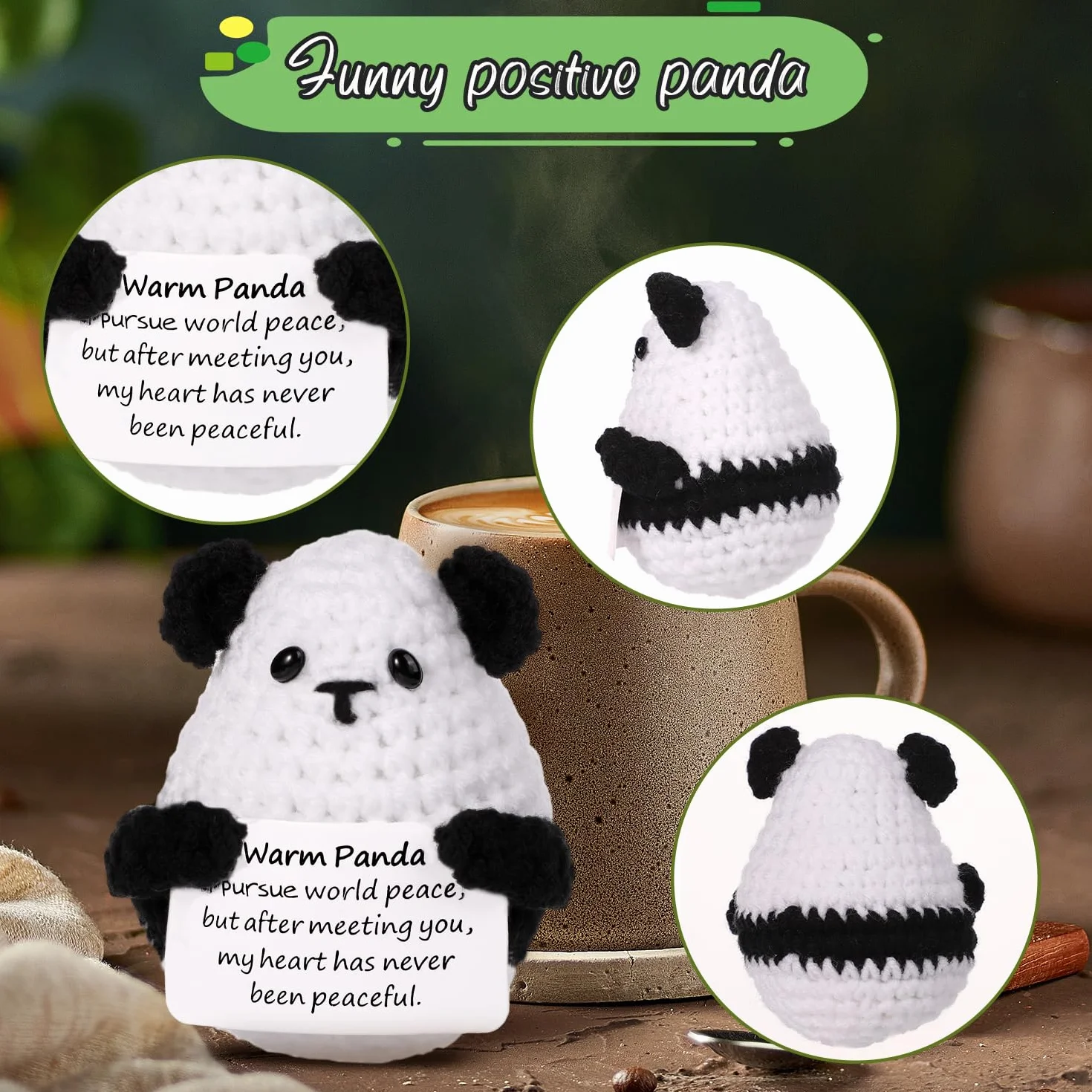 Zabawna Pozytywna Panda, 7,5cm Kreatywna Urocza Lalka Panda z Dzianiny z Inspirujaca Karta Ciekawy Szydelkowy Panda na Pluszowy Prezent Urodzinowy Dekoracja Imprezowa Zacheta