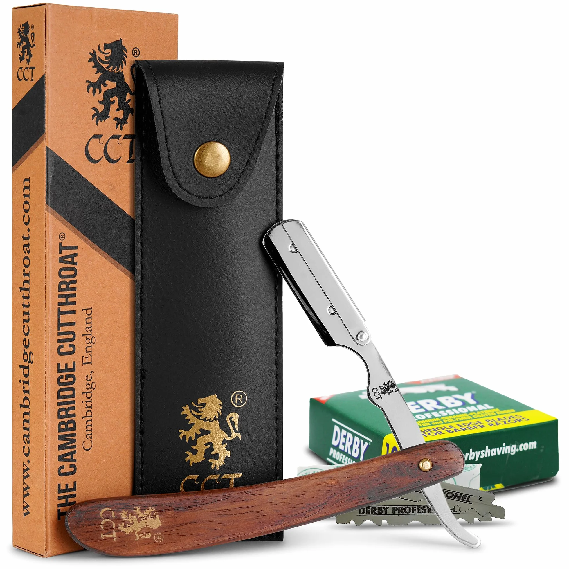 Profesjonalny zestaw brzytwy The Cambridge Cutthroat® Missanda z Drewna i Stali Nierdzewnej, brzytwa z pojedynczym ostrzem premium, do stylizacji wąsów i brody, z etui podróżnym