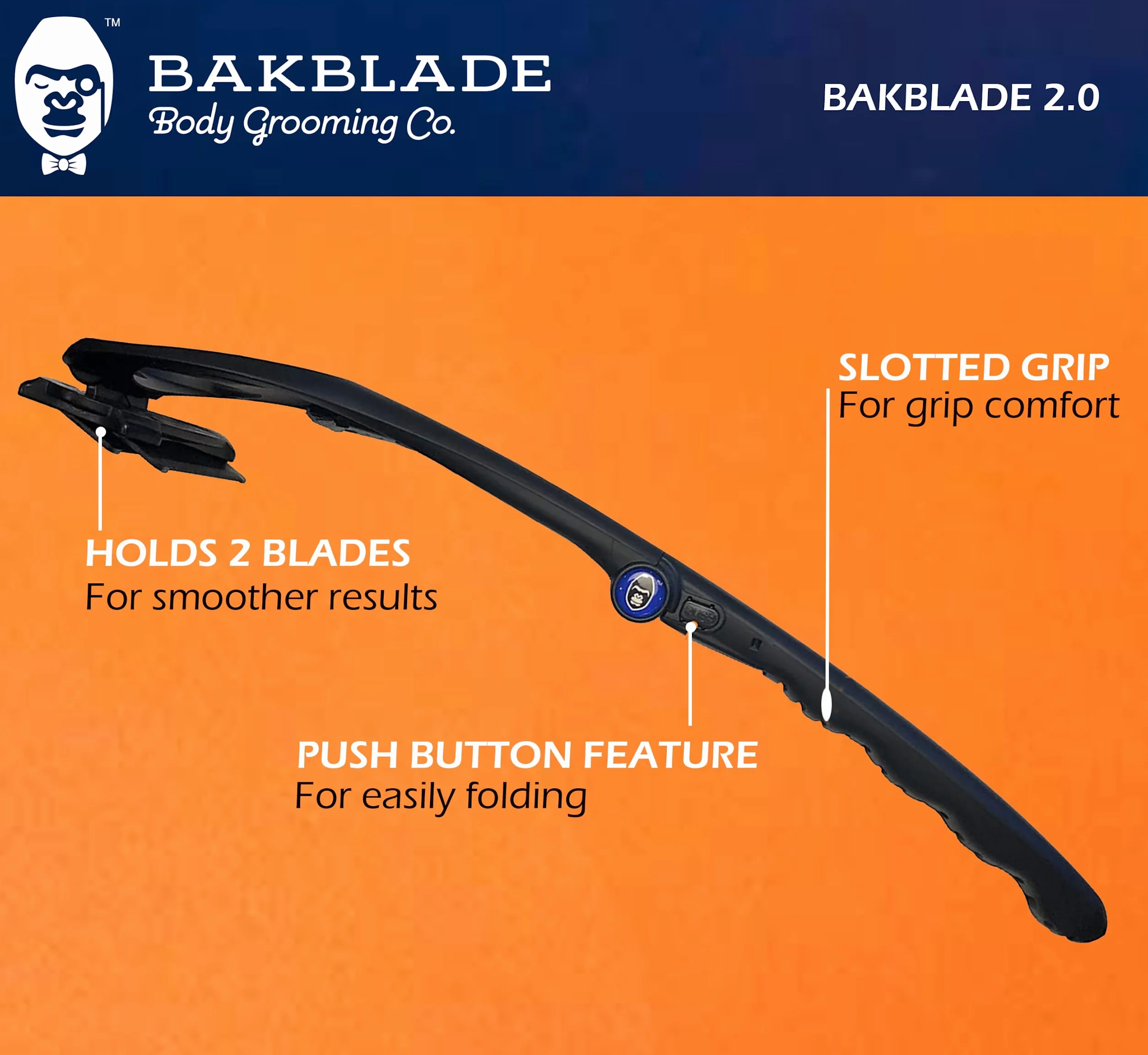 BakBlade 2.0 Plus Golarka do Pleców dla Mężczyzn - Ergonomiczne Usuwanie Owłosienia z Klatki Piersiowej, Pleców, Ramion, Nóg i Brzucha - Golarka do Ciała z Wymiennymi Ostrzami