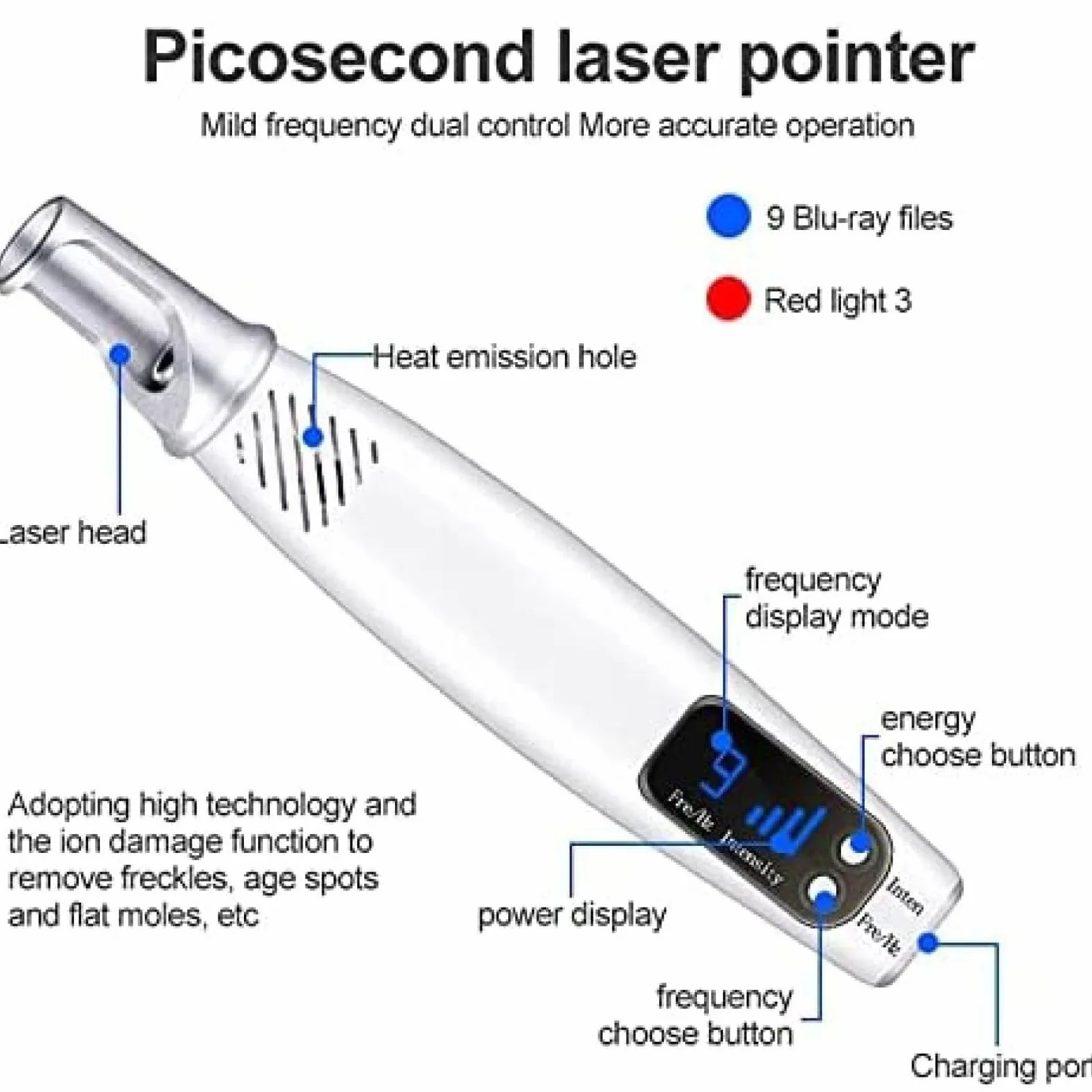 Pióro do usuwania znaczników skórnych, pikosekundowa laserowa terapia światłem do usuwania tatuaży, blizn, kretów, piegów i ciemnych plam z okularami ochronnymi