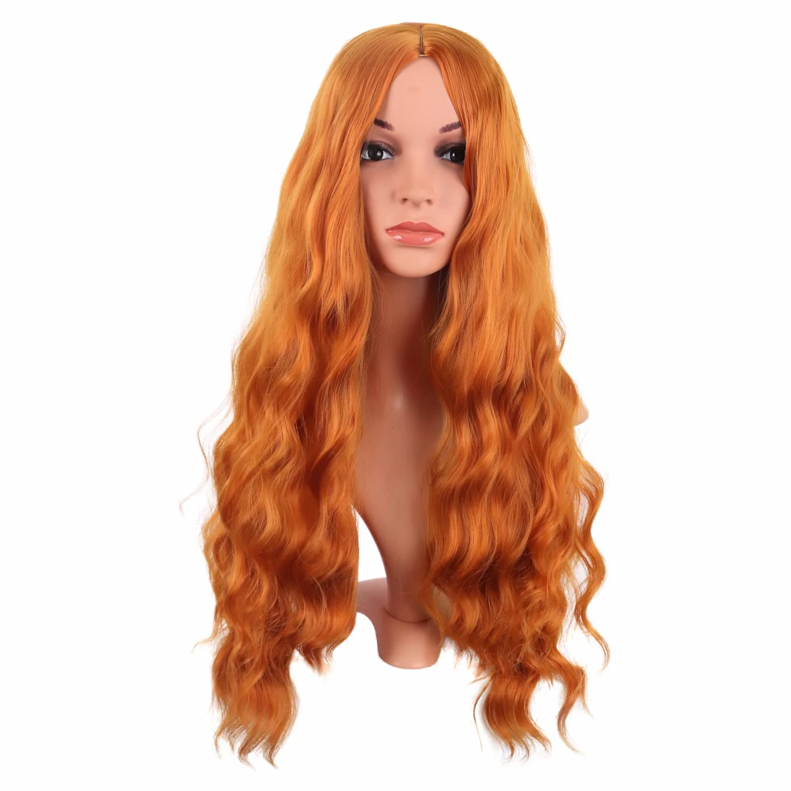 MapofBeauty 28 cali/70 cm Długie falowane Middle Part syntetyczne włókna kręcone włosy zamiennik Quotidiano Peruki (Orrange)