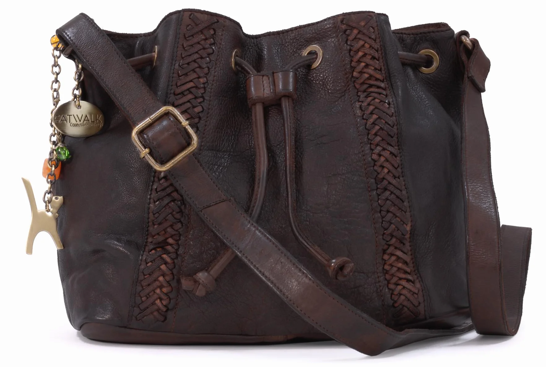Catwalk Collection Handbags - Damska Torebka Crossbody - Średnia Torba Typu Worek ze Ściągaczem - Postarzana Skóra Vintage - Francesca