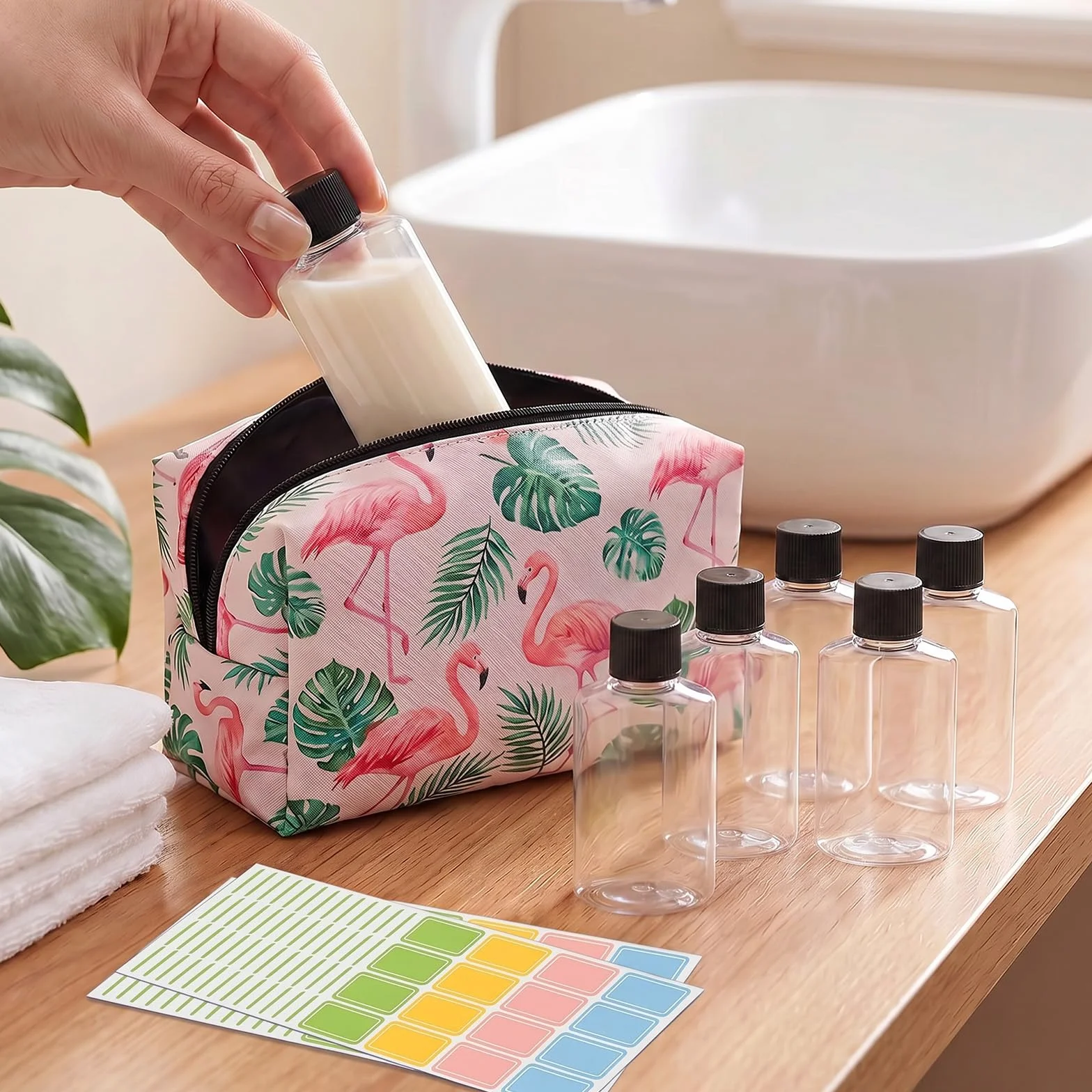 6 sztuk zestaw podróżny do napełniania, 100 ml, przezroczyste butelki podróżne z 16 etykietami, butelki podróżne do napełniania, do szamponu, balsamu, kosmetyków (czarne, 9,3 x 4,6 x 2,5
