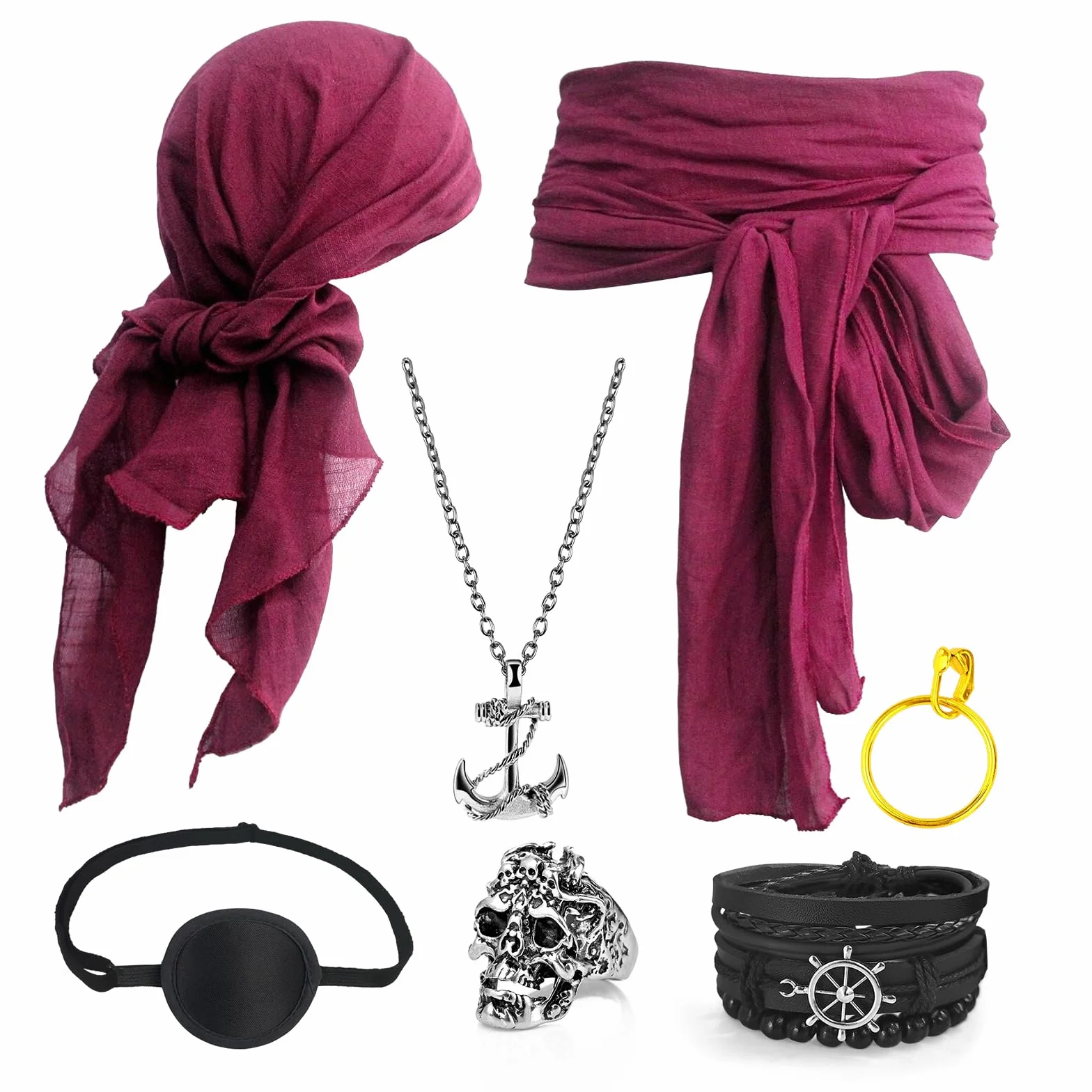 Akcesoria do kostiumu pirata, pirat bandana bandana opaska na talię piracki naszyjnik naszyjnik kolczyki pierścionek bransoletka, akcesoria pirackie na Halloween karnawał cosplay