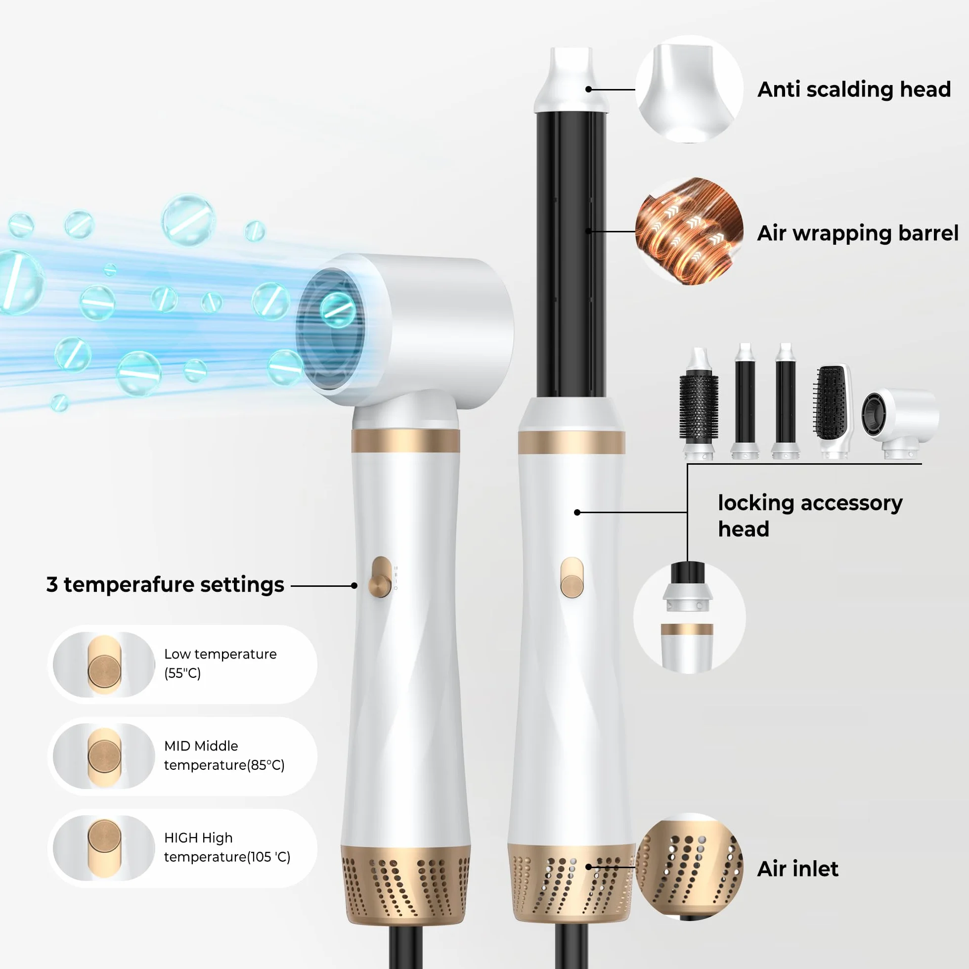 Airstyler 5 w 1, 1000 W, lokówka do włosów, szczotka do włosów z ciepłym powietrzem, okrągła suszarka do włosów, lokówka, prostownica do włosów, 3 temperatury do stylizacji włosów, wygładzania