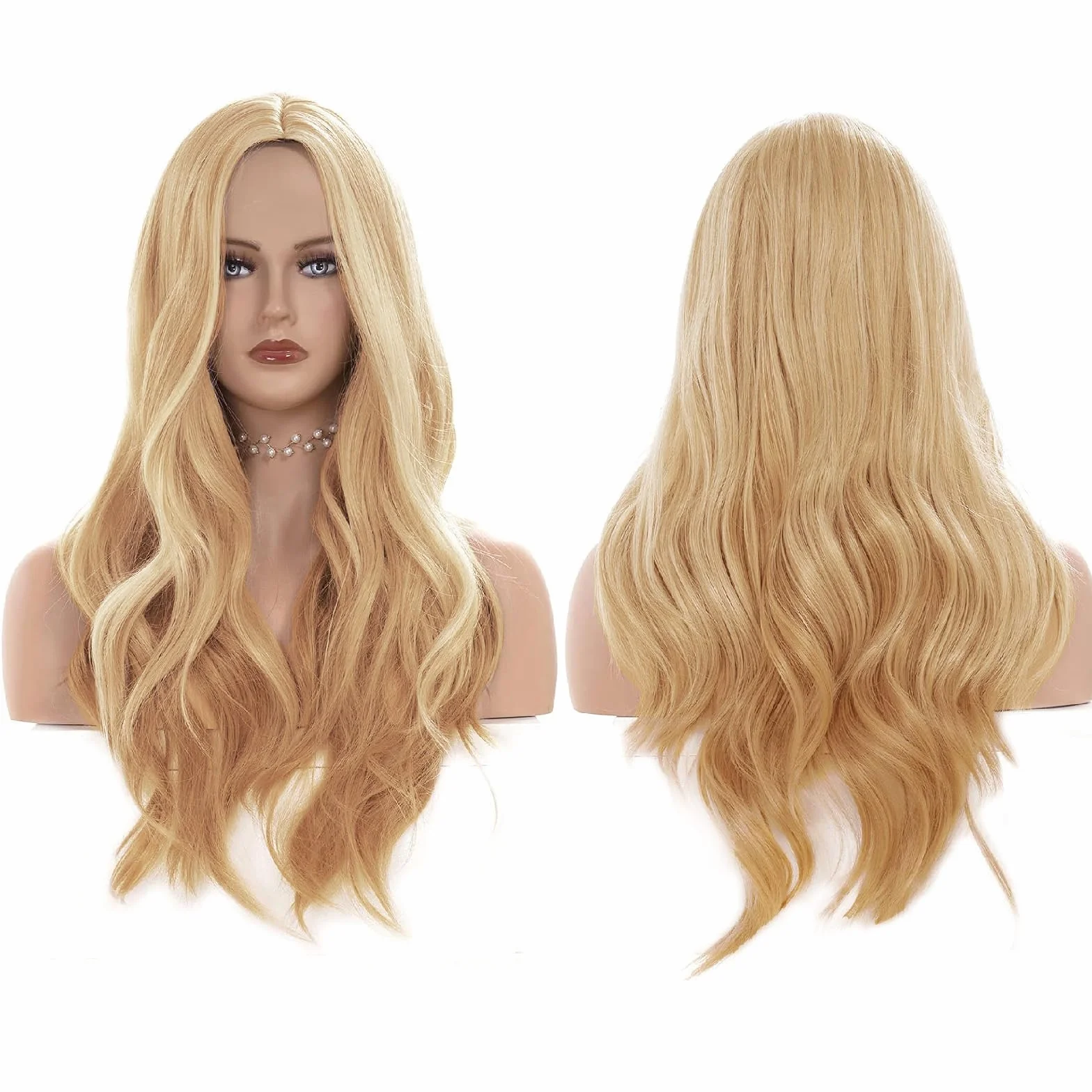 Peruka długa falowana blond naturalna syntetyczna odporna na wysokie temperatury złota 70 cm