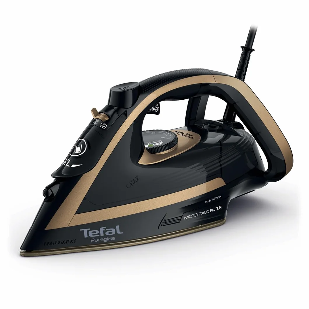 TEFAL Puregliss FV8064 Żelazko Parowe, 3000W, stały wyrzut pary 50g/min, uderzenie pary 280 g/min, filtr Micro-Calc, prasowanie w pionie, stopa Durilium Airglide, funkcja Auto Off, złoto/czarne