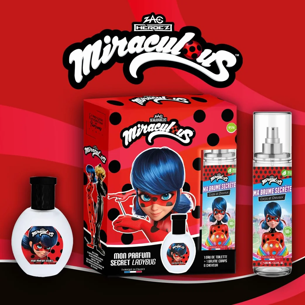 MIRACULOUS Biedronka Zestaw perfum dla dzieci dziewczynki woda toaletowa 30 ml + 1 perfumowana mgiełka 100 ml owocowo-kwiatowy zapach Wyprodukowano we Francji