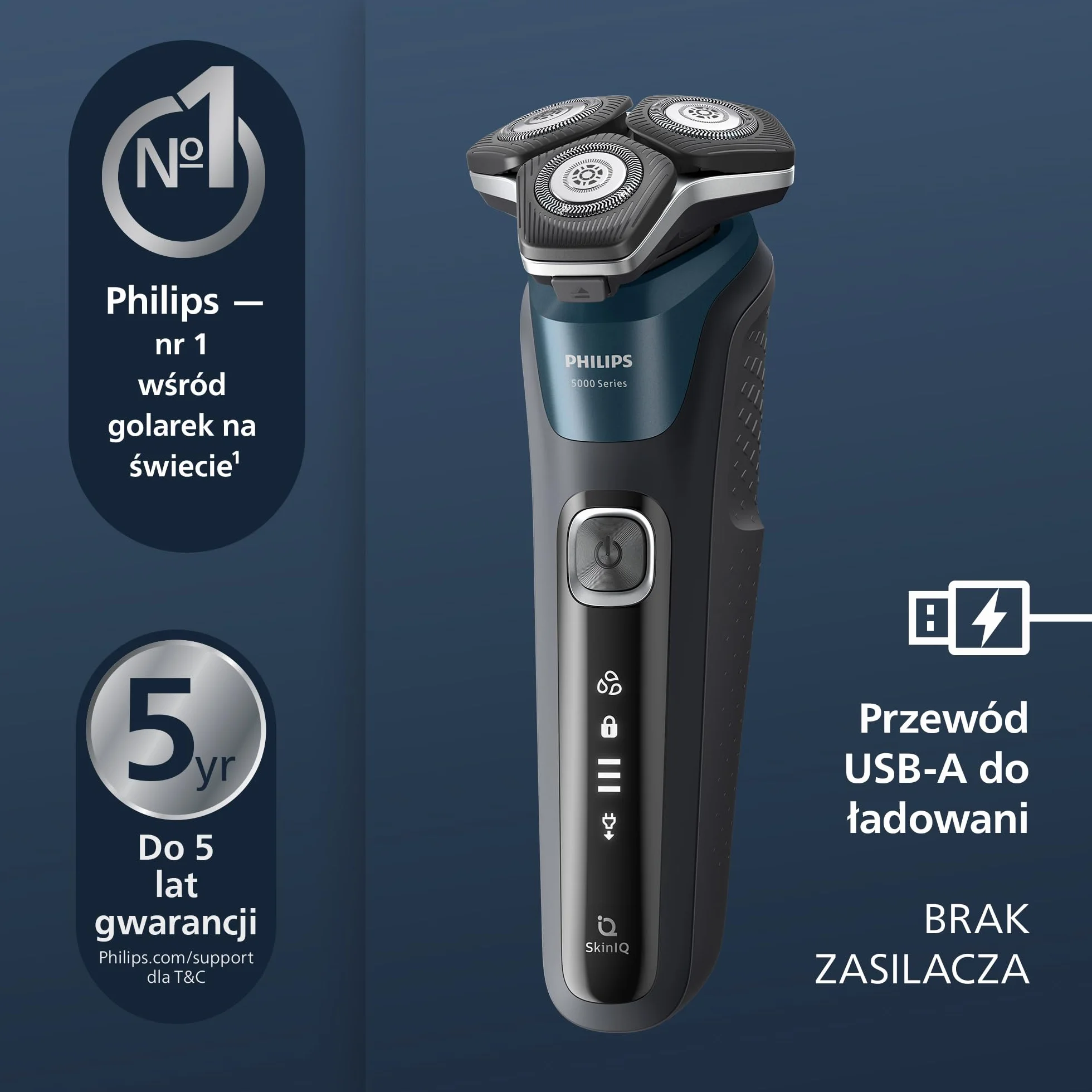 Philips Golarka Serii 5000 S5889/50 Elektryczna na Mokro i na Sucho SkinIQ Trymer Etui Podróżne Saszetka Quick Clean Pod Niebieski