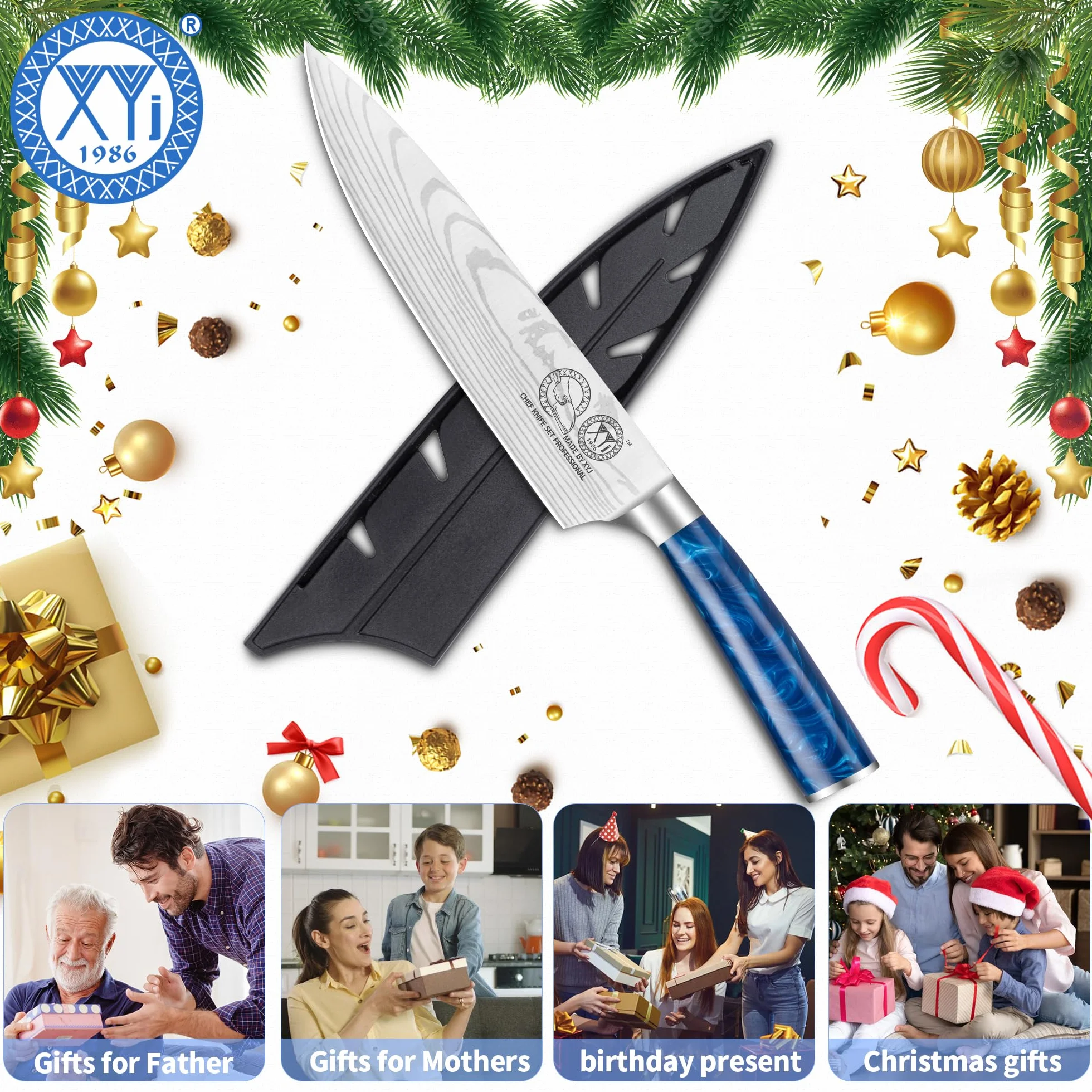 XYJ Professional Japanese Chef Knife 8 Inch Stainless Steel,Vein Damascus Pattern Sharp Blade,Meat Cleaver,Slicing Cooking Kitchen Knife With Sheath,Portable Outdoor Camping BBQ