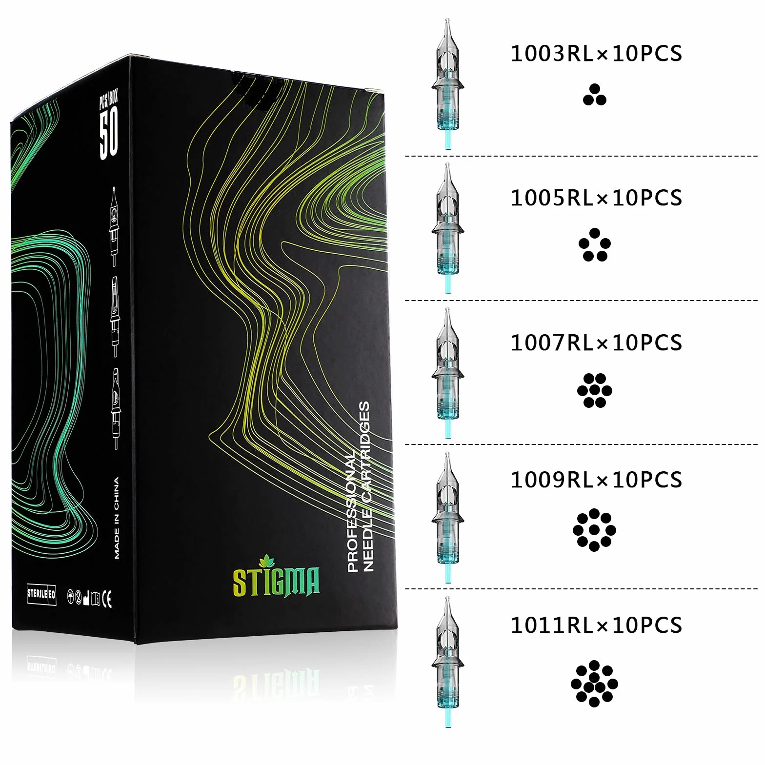 STIGMA 50 sztuk kartridży do tatuażu jednorazowych igieł # 10 Bugpin Round Liner Cartridge 3RL 5RL 7RL 9RL 11RL EN02B-50KIT-R
