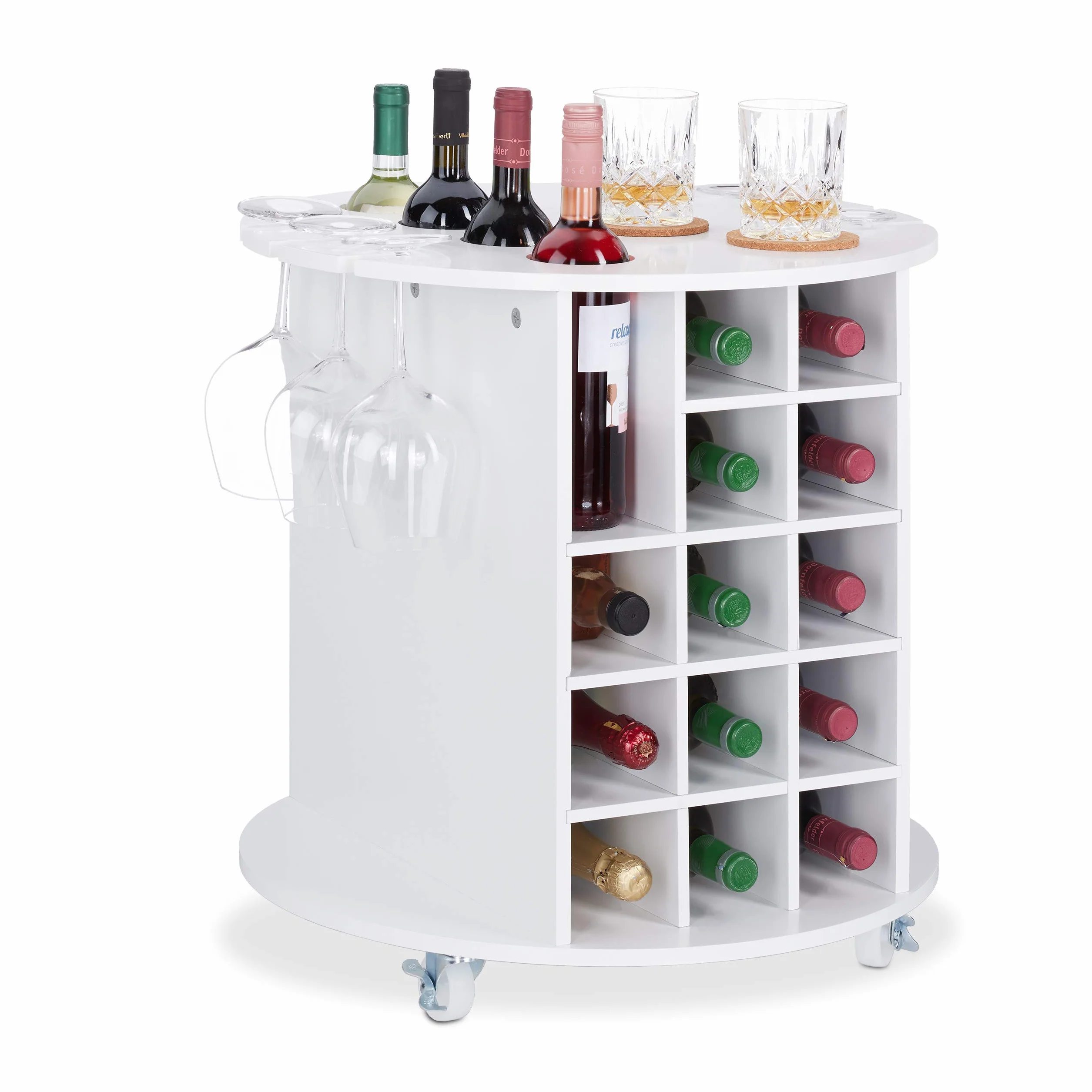 Relaxdays, Biały regał na wino na kółkach obracających się o 360°, 6 uchwytów na kieliszki, do przechowywania wina na 17 butelek, okrągły, wys. x śr.: 56 x 54 cm