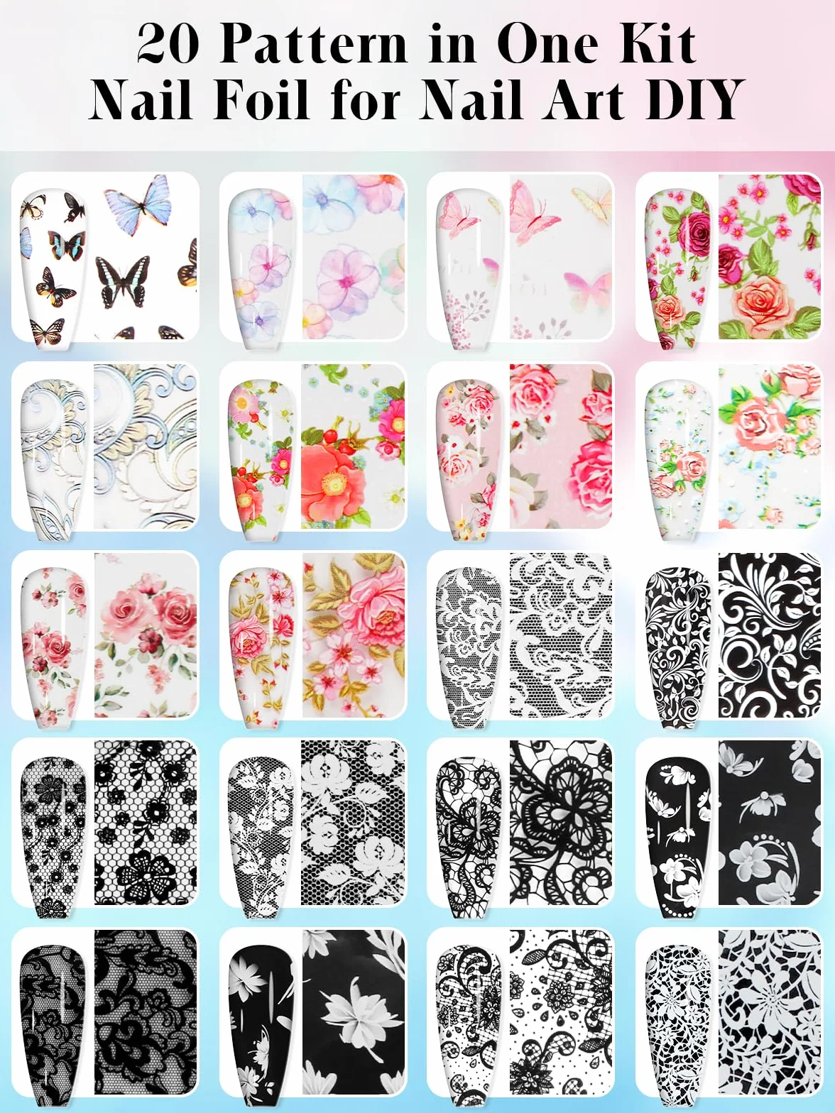 Kalolary Zestaw folii do paznokci holograficzne arkusze foliowe z klejem żelowym do manicure DIY (20P)