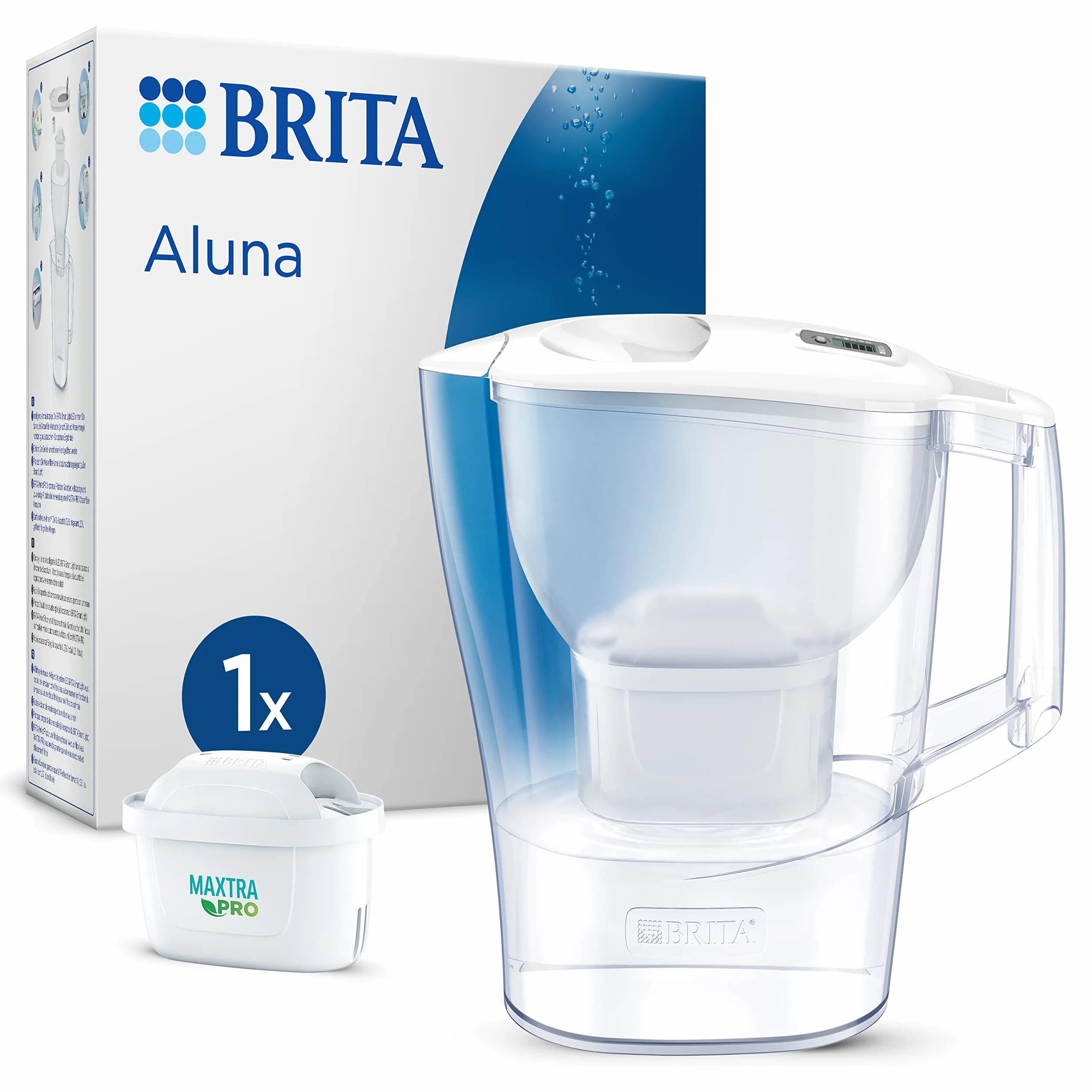 BRITA Dzbanek filtrujący Aluna biały (2.4L) zawiera 1 filtr MAXTRA PRO Pure Performance - wskaźnik elektroniczny, filtr redukuje chlor, kamień, zanieczyszczenia
