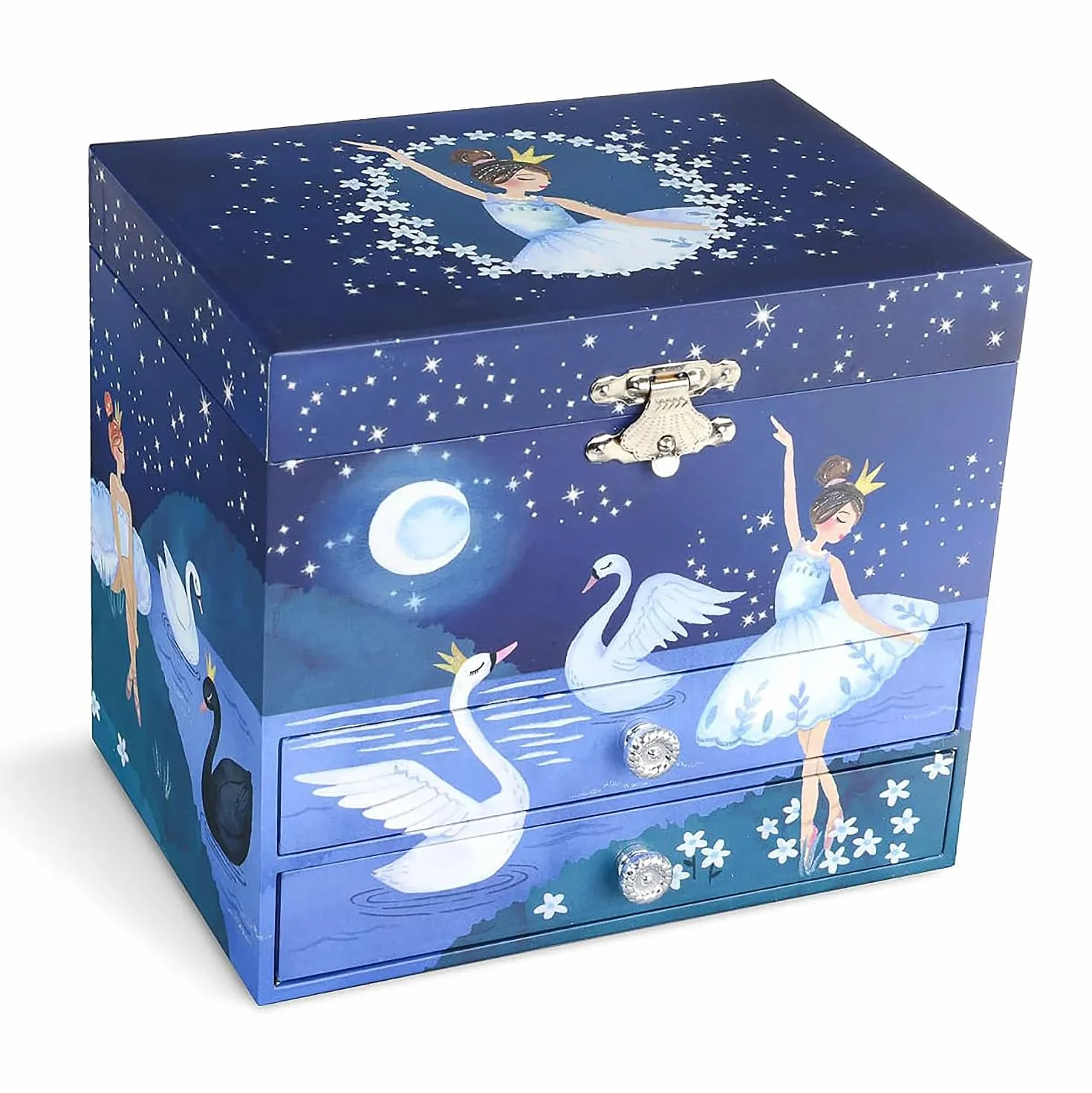 Jewelkeeper - Pudełko na biżuterię Baleriny z 2 wyjmowanymi szufladami, brokatowy wzór - Melody of Swan Lake