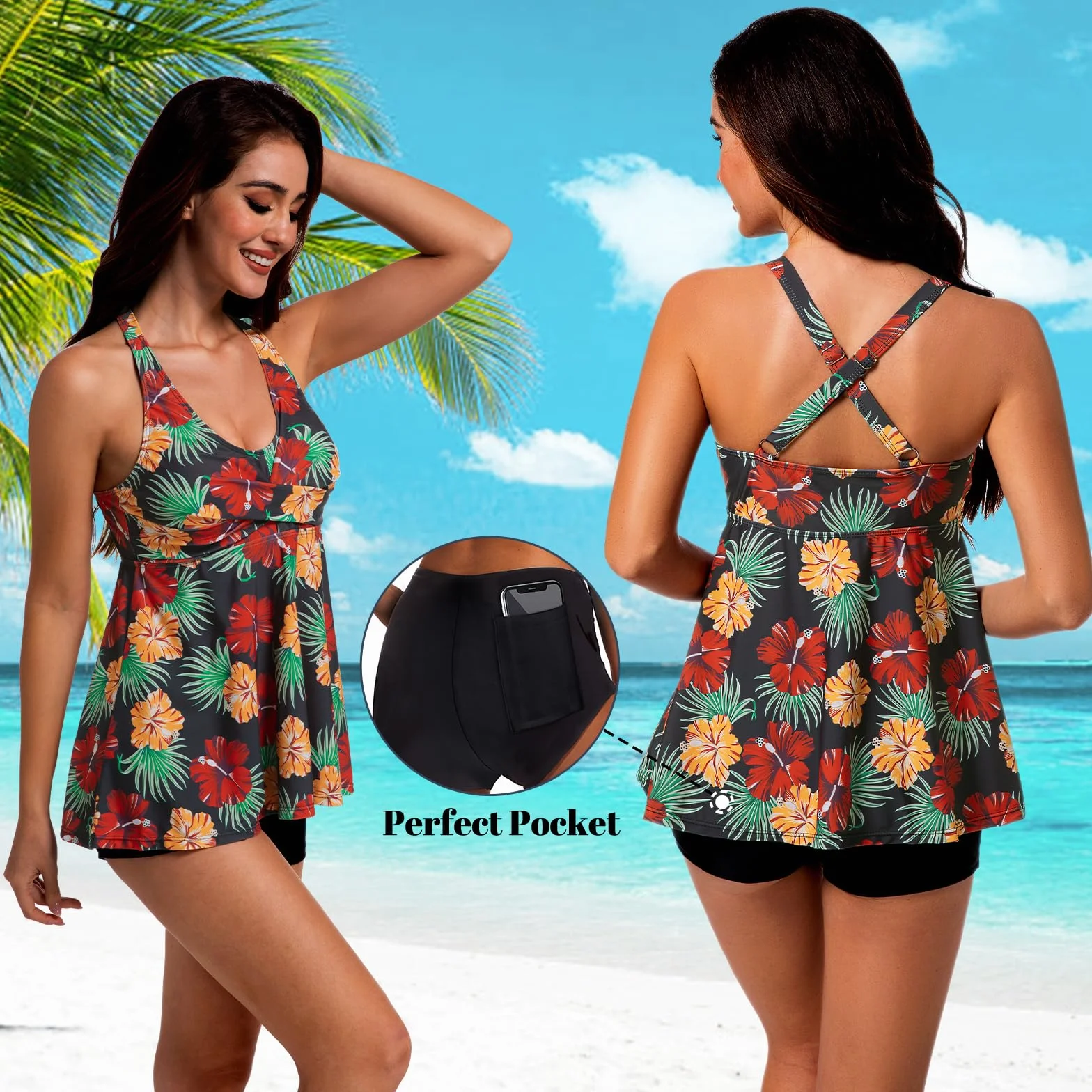 JONRRYIN Damski strój kąpielowy Tankini, 2 sztuki, seksowny strój kąpielowy Push Up Tankini z szortami