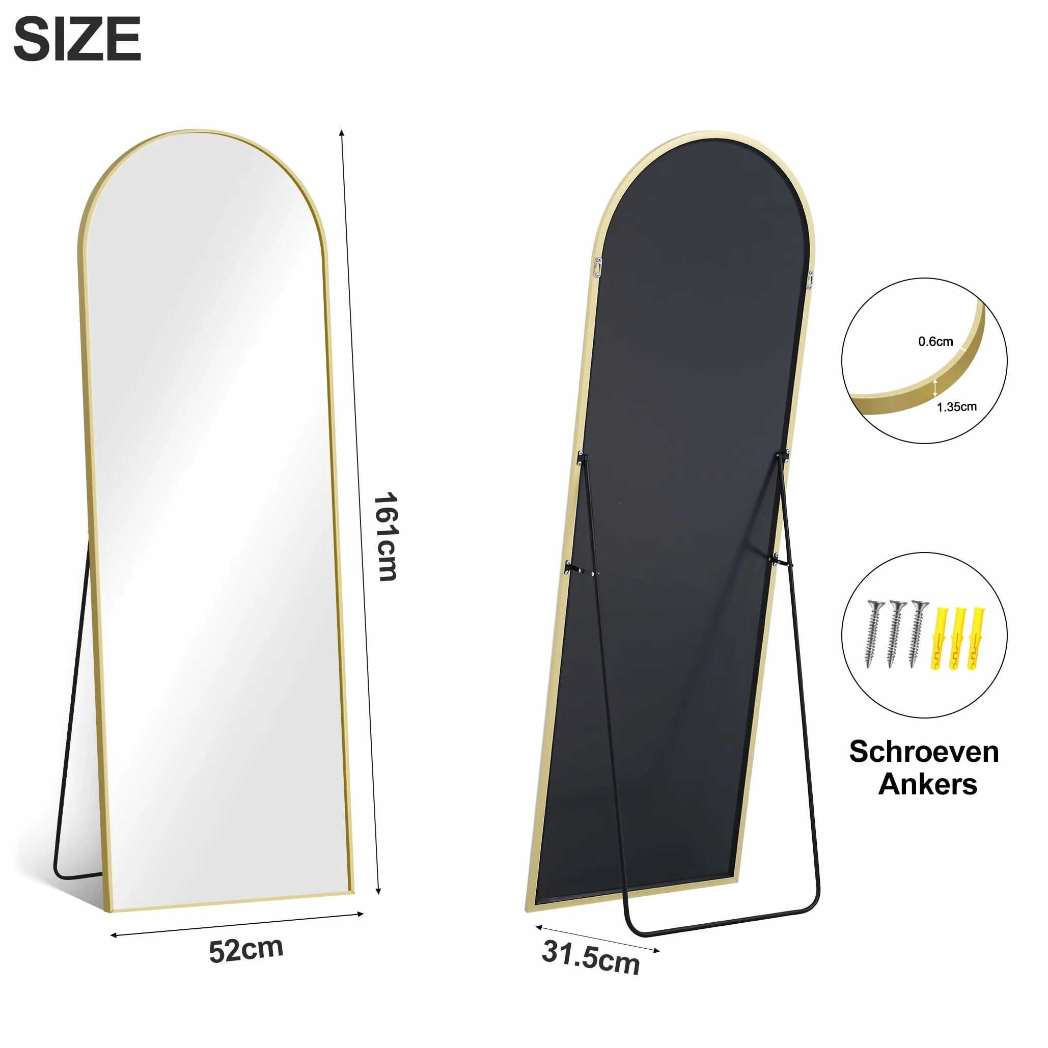 COFENY Lustro na całej długości, 161 x 52 cm, złote lustro z aluminiową ramą, lustra ścienne, stojące, pochylone lub wiszące, lustra podłogowe do sypialni, salonu, przedpokoju