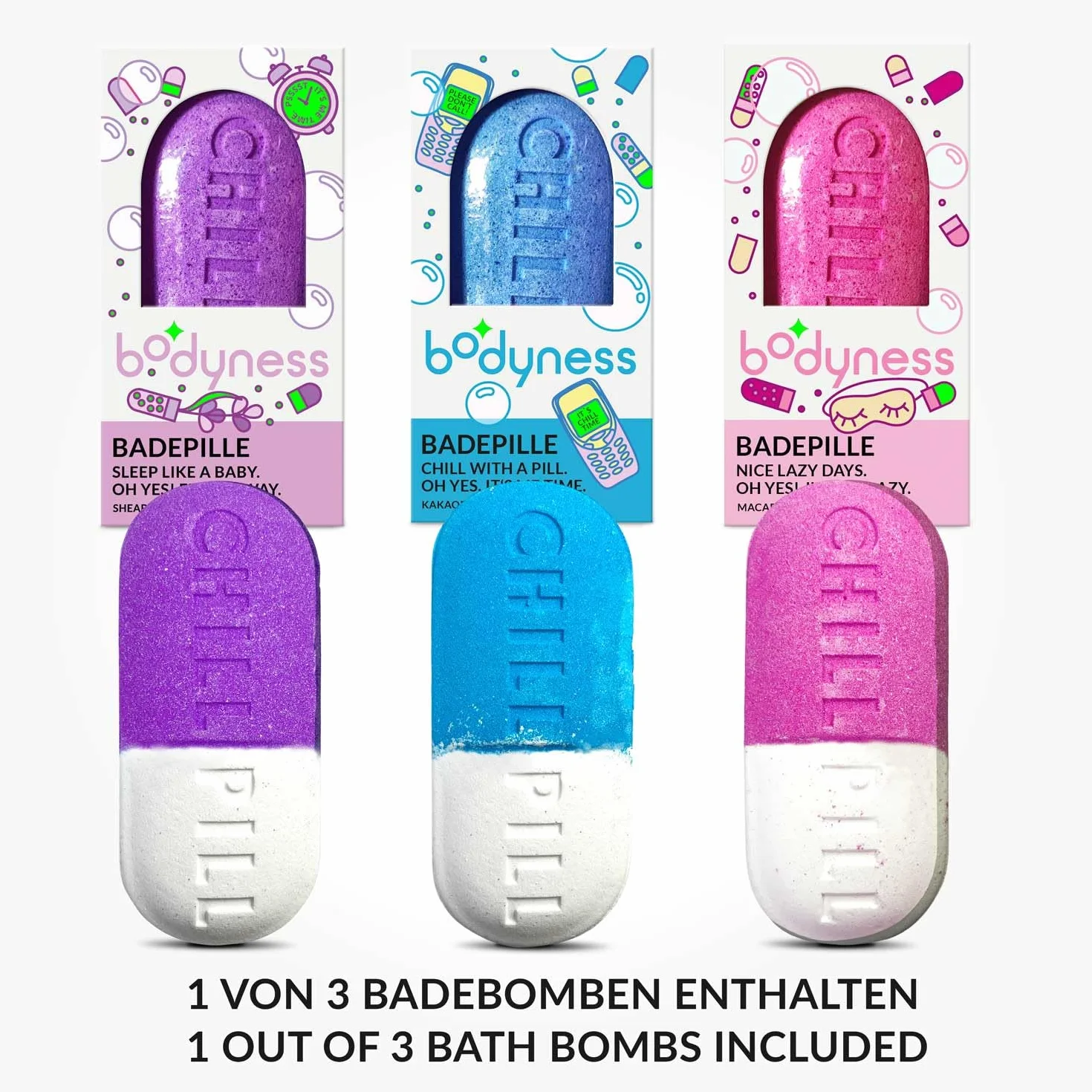 CRAZE Bodyness Bath Bomb Chill Pill – kula do kąpieli w kształcie tabletek, kula do kąpieli do pielęgnacji skóry i relaksu z aromatem, 70 g