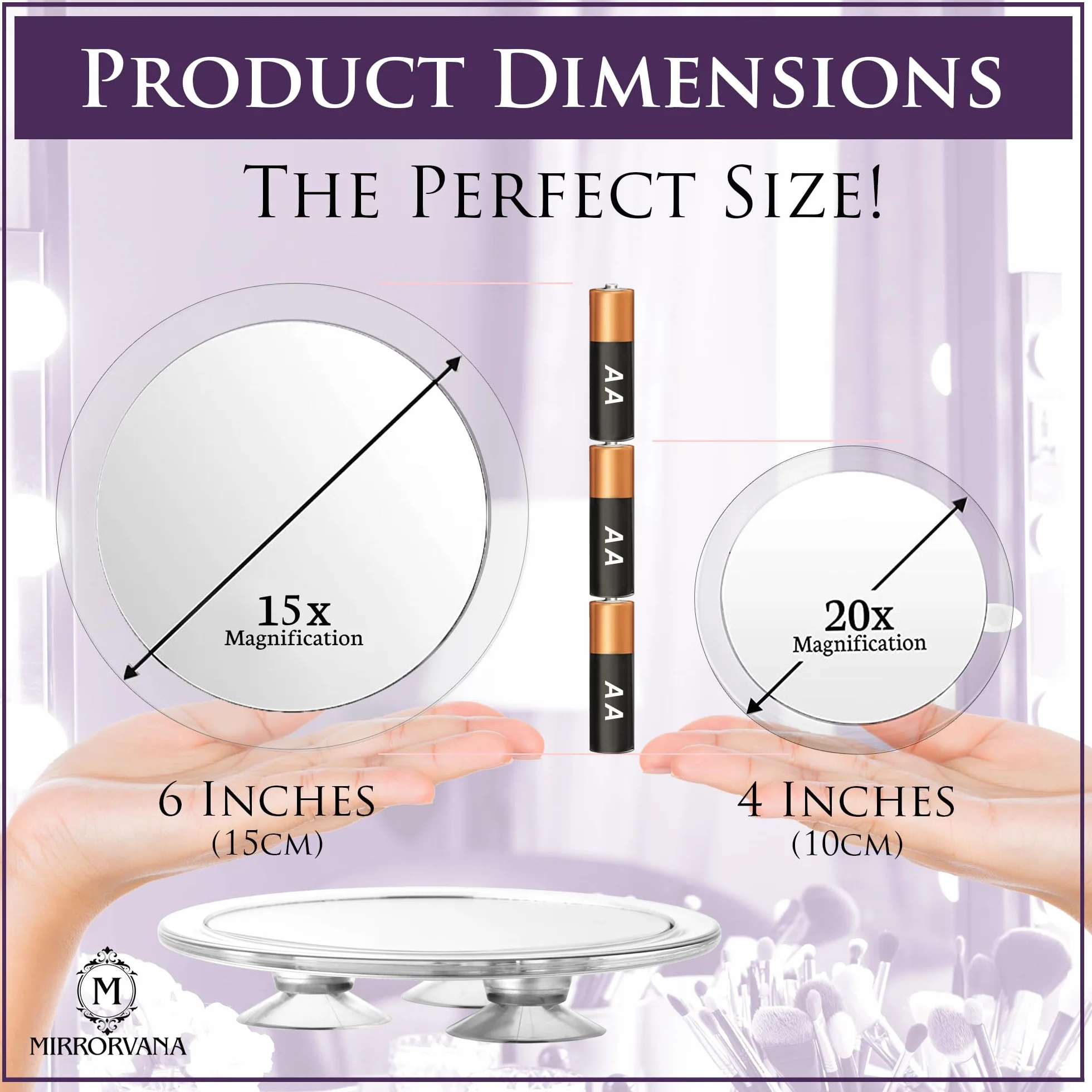 MIRRORVANA Lustro powiększające x20 i x15 z przyssawką łazienkową 10 cm 15 cm do makijażu