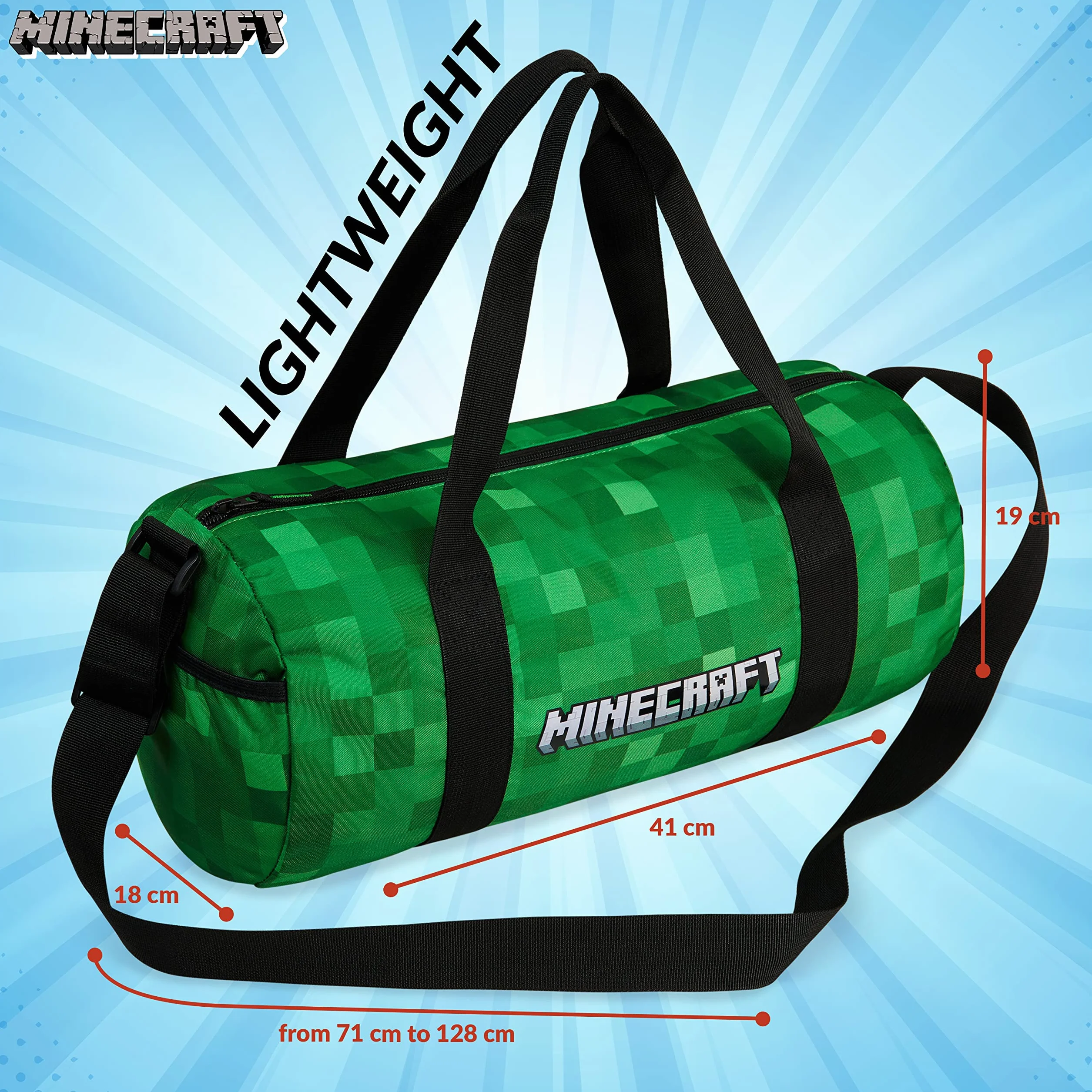 Minecraft Torba sportowa dla dzieci, torba podróżna, dla chłopców, torba sportowa, dla nastolatków, z regulowanym paskiem na ramię, zielony, 41x18x19cm, worek marynarski