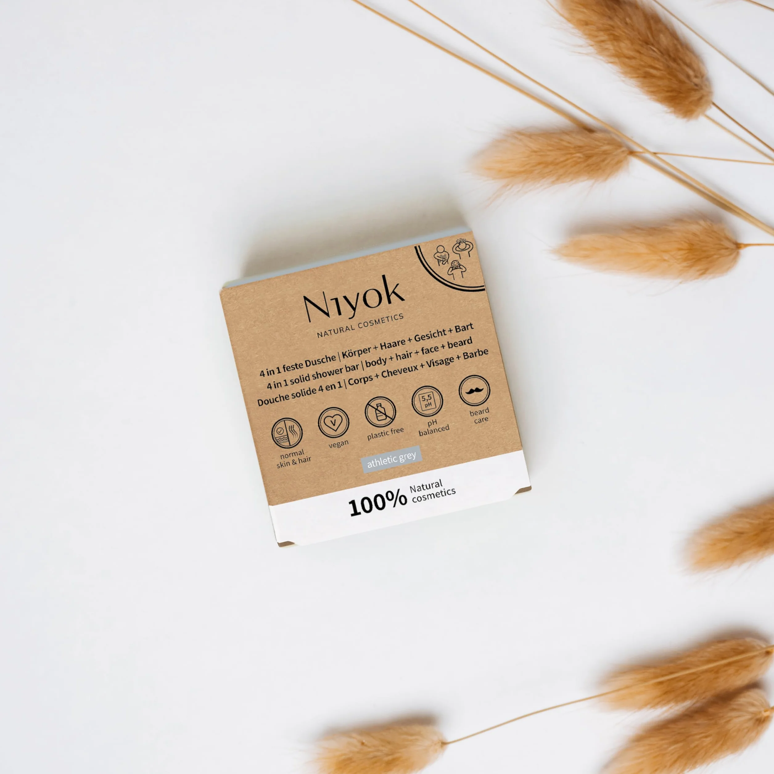 Niyok® Sta?y prysznic 4 w 1 "Athletic Grey" (80 g) myd?o do cia?a, w?osów, twarzy, brody, zrównowa?onej piel?gnacji cia?a All-in-One, mocne myd?o pod prysznic, mocny szampon, sta?e oczyszczanie