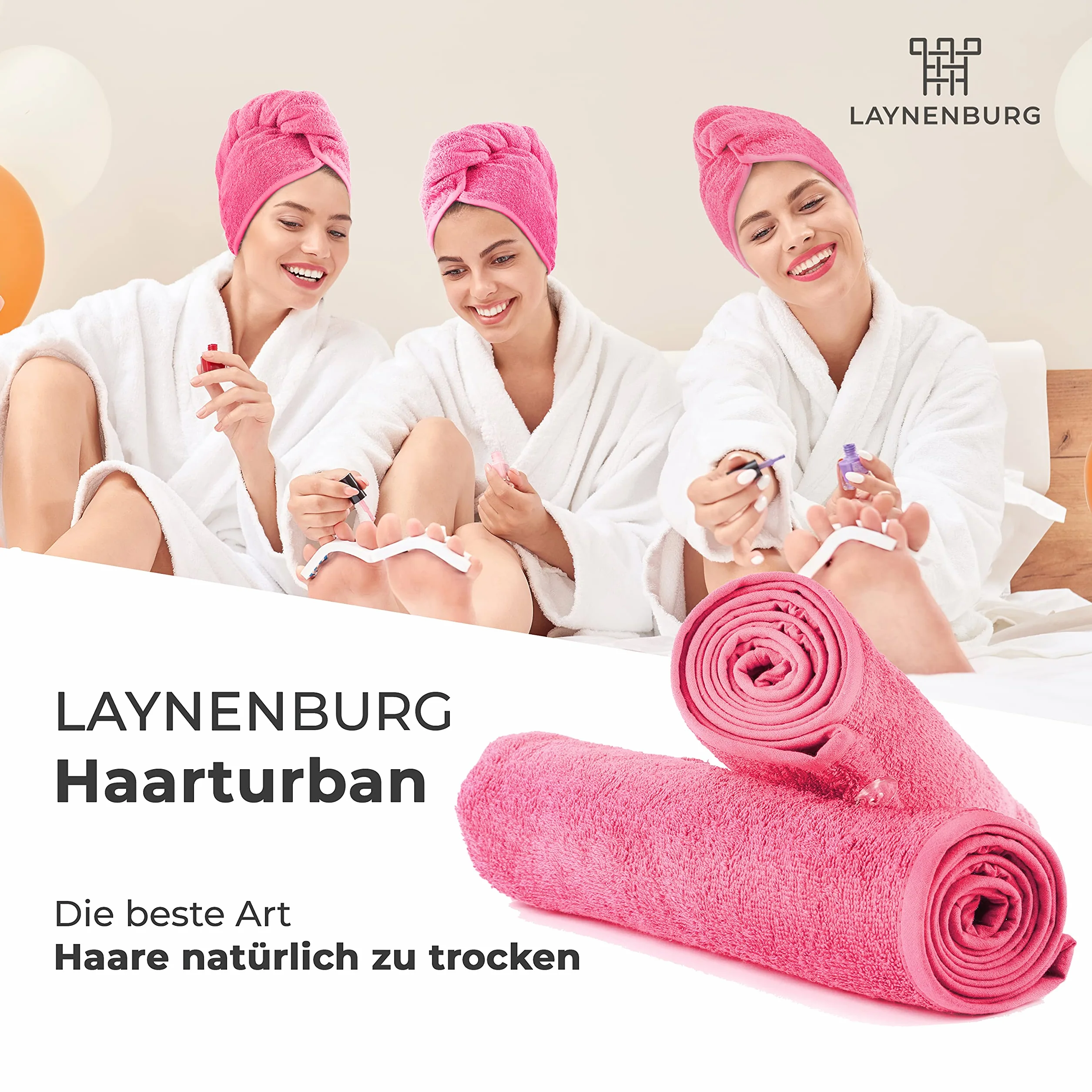 LAYNENBURG Wysokiej jakości turban do włosów z guzikiem ze 100% bawełny – ręcznik do włosów w zestawie z 4 gumkami do włosów – do krótkich i długich włosów – ręcznik turban jest szybkoschnący i