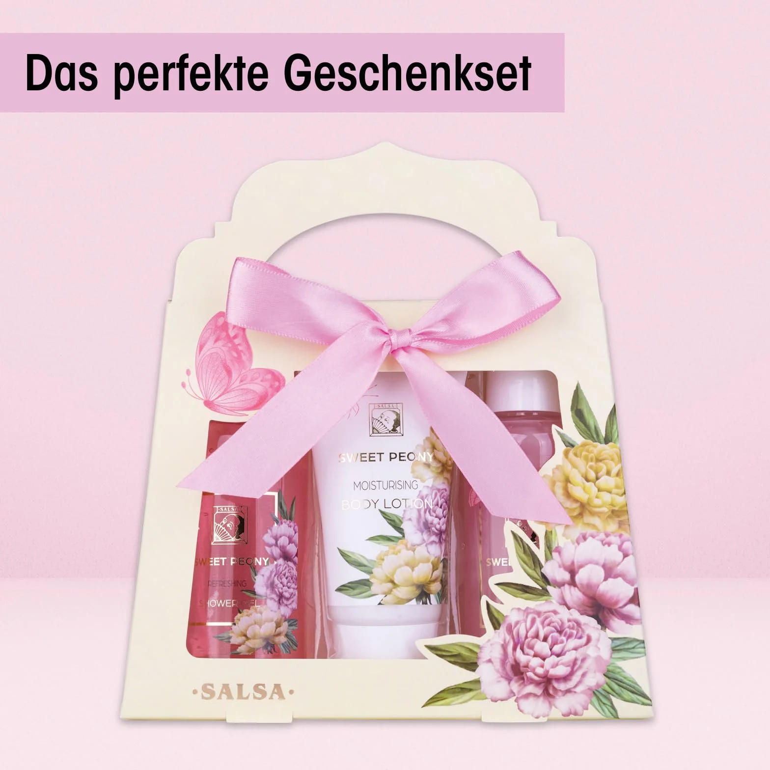 Accentra Zestaw prysznicowy dla kobiet, zestaw upominkowy Sweet PEONY w pięknym pudełku prezentowym – 3-częściowy zestaw do pielęgnacji z żelem pod prysznic, balsamem do ciała i kąpielą bąbelkową –