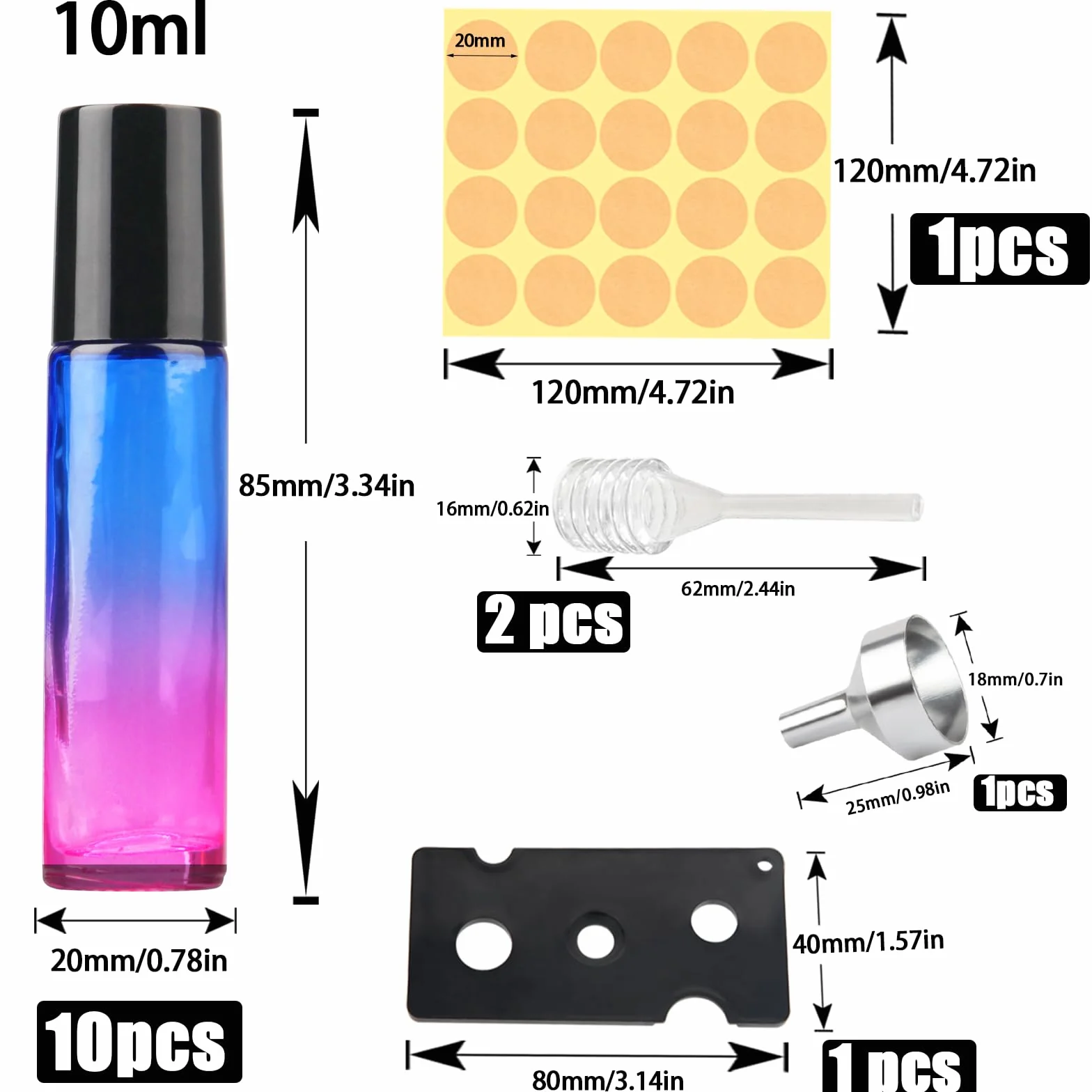 DKBT Roll on butelka pusta 10 ml 10 sztuk gradientu w rolce na olejki eteryczne zwijane szklane butelki na olejki eteryczne z lejkiem/otwieraczem/pipetą do olejków eterycznych, perfum, kosmetyków,