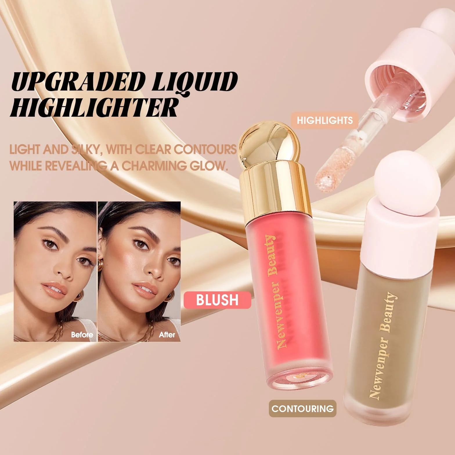 Newvenper Krem, bronzer + rozświetlacz + róż, z pędzelkiem do twarzy, długotrwały i gładki, róż, rozświetlacz i bronzer do konturowania w płynie