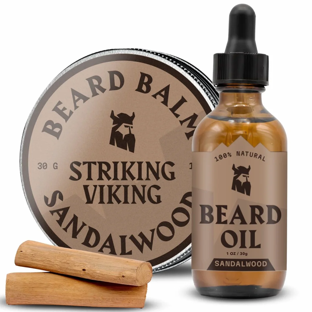 Striking Viking Męski olejek do brody i balsam - zestaw do wzrostu brody - balsam i odżywka wzbogacona olejem arganowym i jojoba - zapach drzewa sandałowego