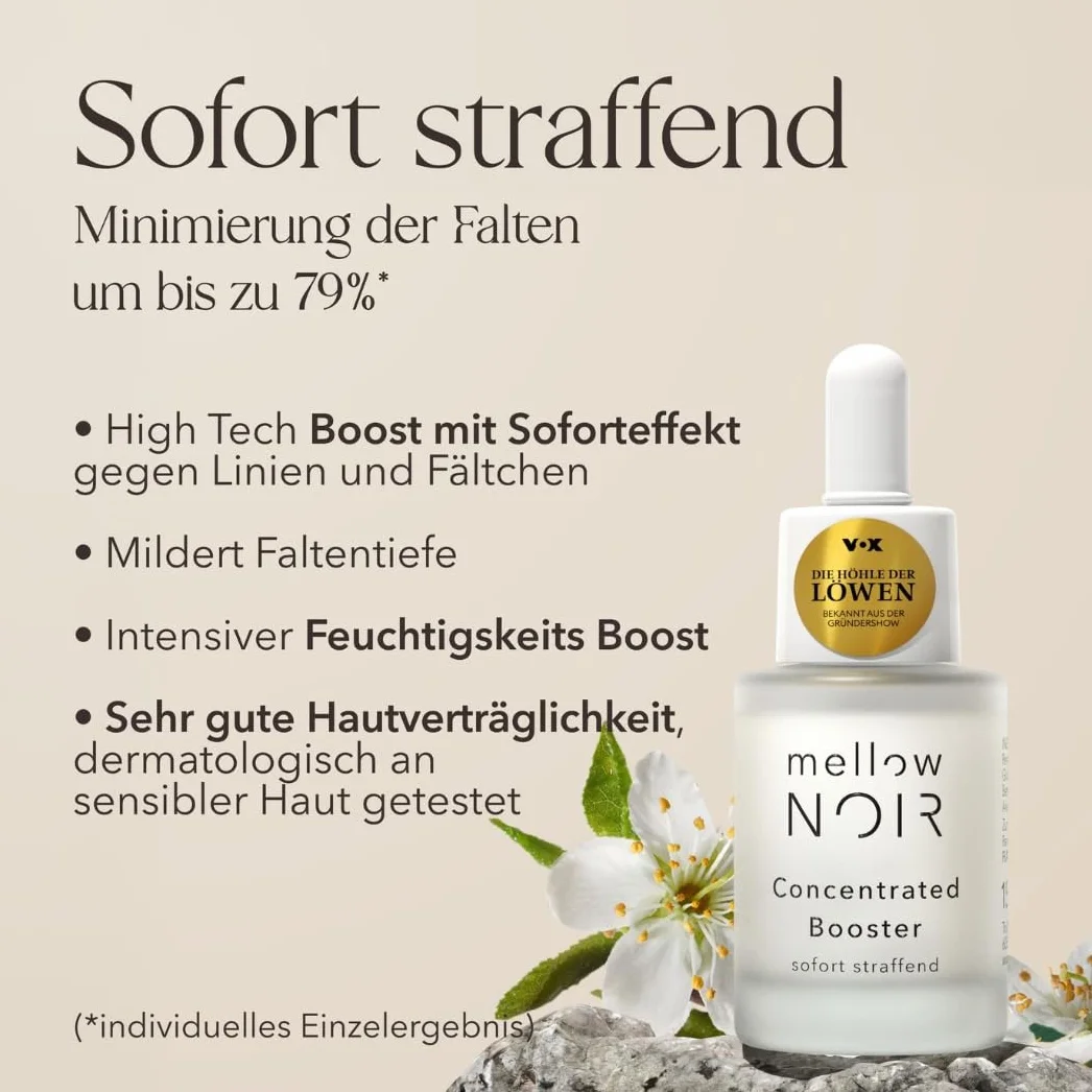 mellow NOIR Koncentrowany Booster 15 ml | Natychmiastowe ujędrnianie | Hyaluron Serum do twarzy | Serum do oczu | Serum do pielęgnacji oczu i pielęgnacji twarzy | Wegańskie | Certyfikowane kosmetyki