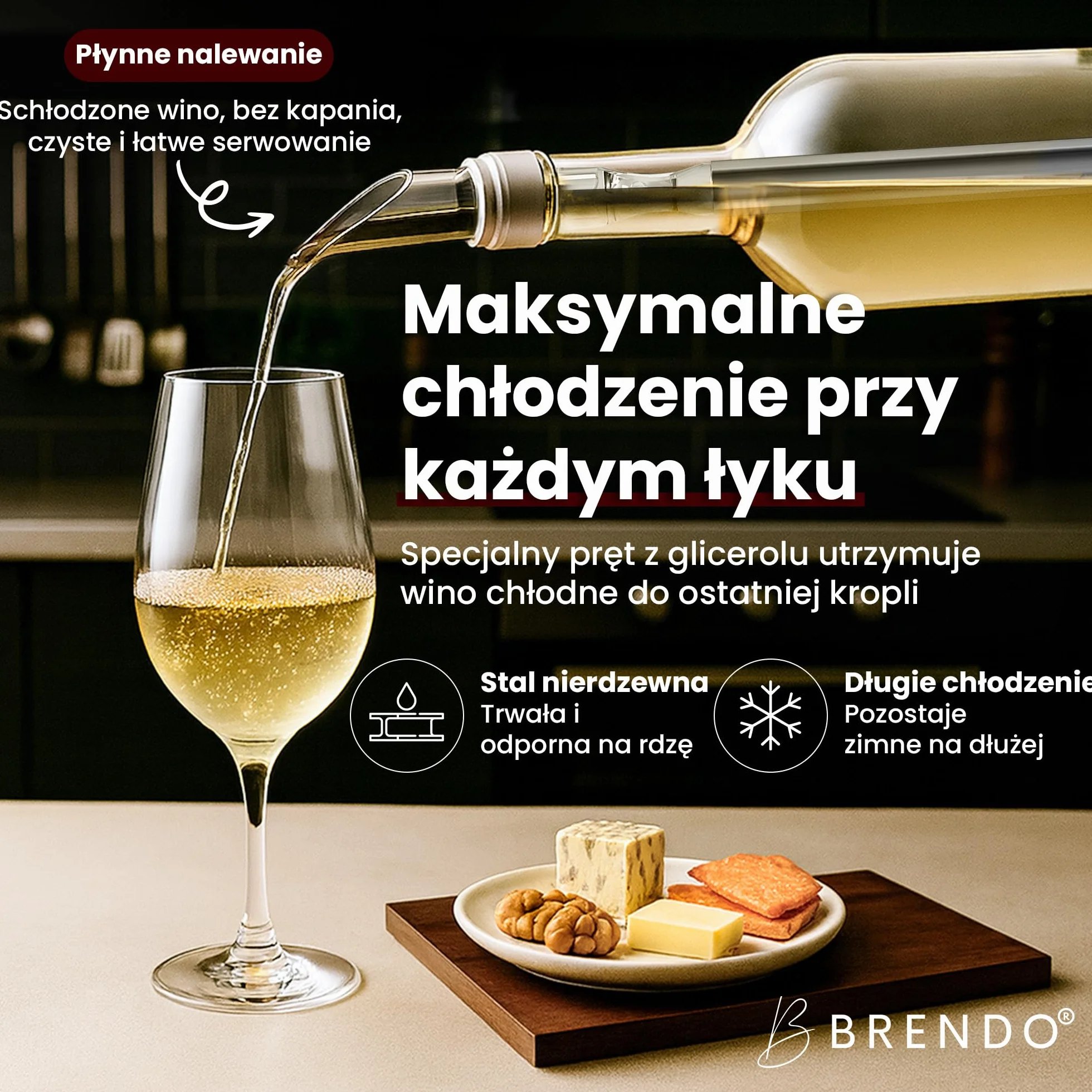 Brendo Chłodziarka do wina 4w1 – Pręt chłodzący ze stali nierdzewnej | Chłodzenie butelek z 2 długościami prętów + nalewak do wina + dekanter + korek | Zestaw prezentowy do wina dla mężczyzn i kobiet