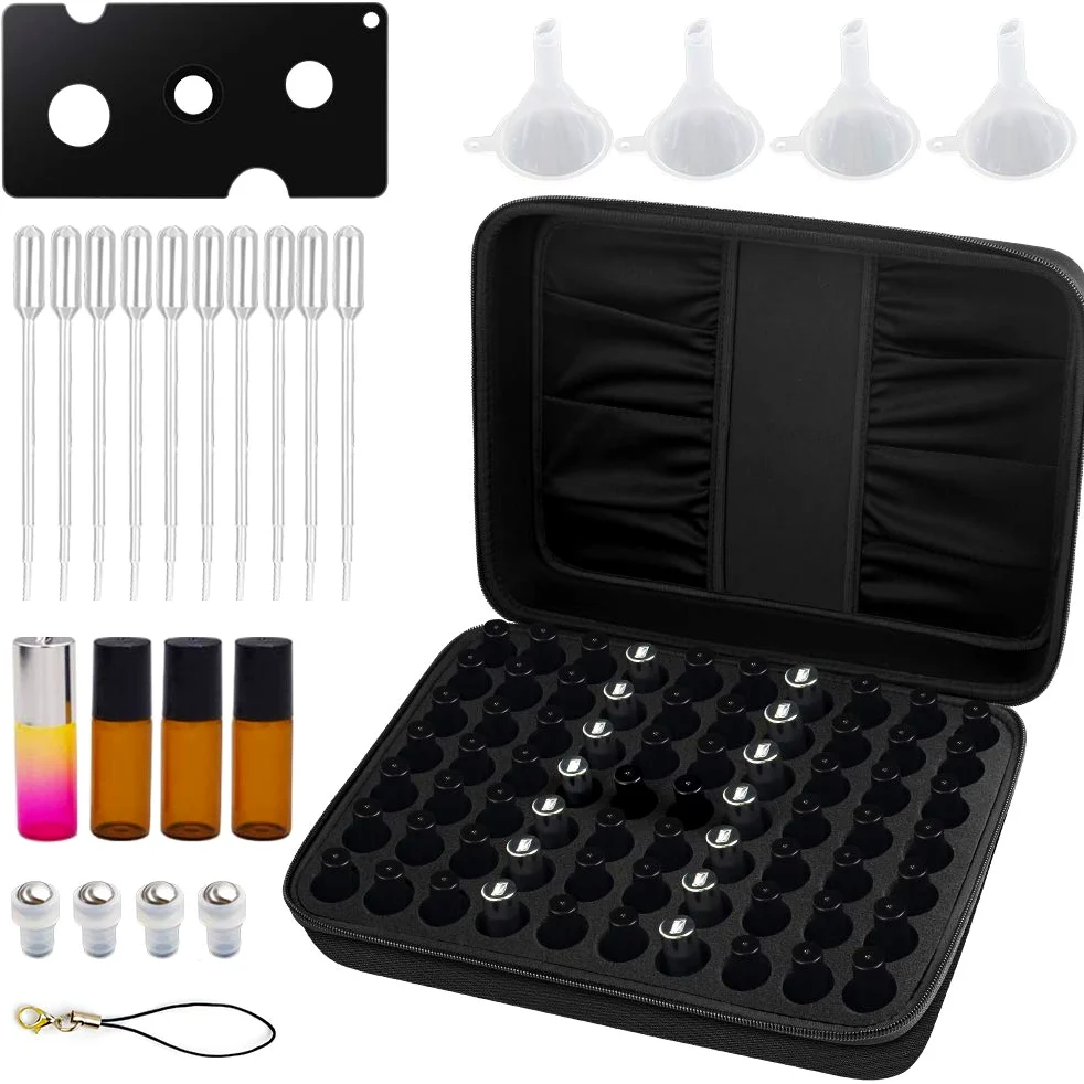 70 olejków eterycznych walizka do noszenia, torba na butelki 5 ml, 10 ml, 15 ml, z twardą obudową na zewnątrz i wkładką piankową, idealna w podróży, czarny, M