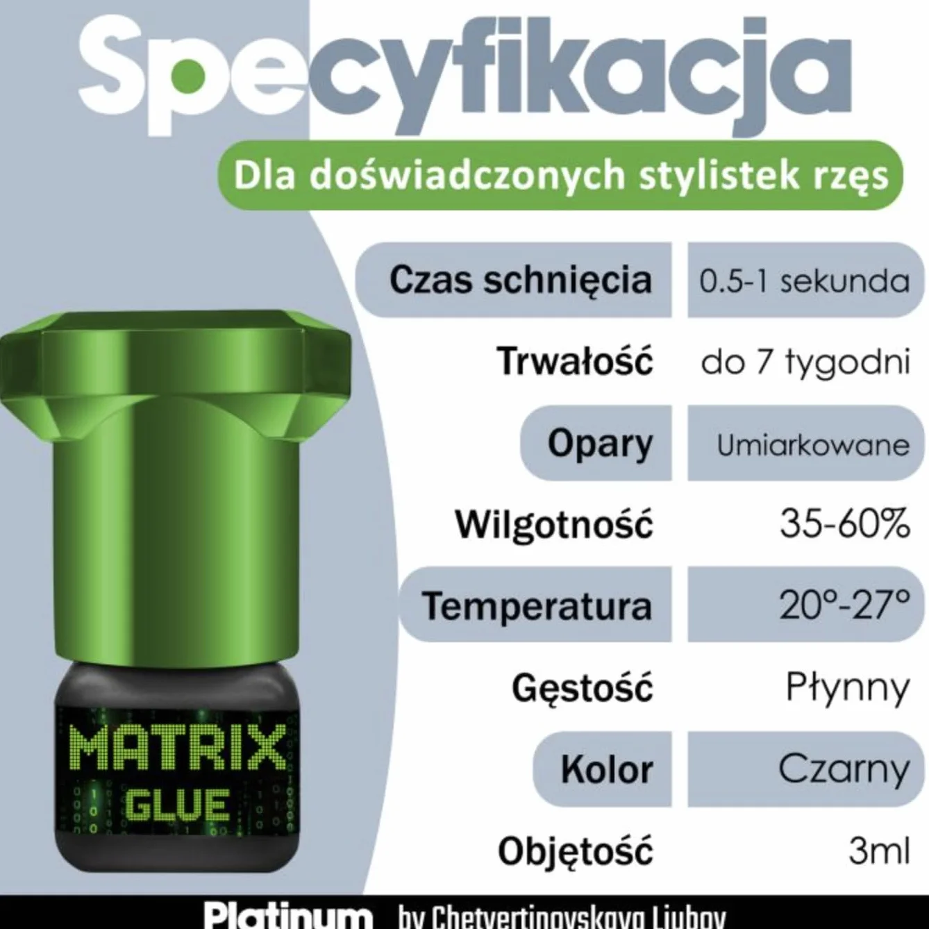 Klej do przedłużania rzęs PLATINUM by Chetvertinovskaya Matrix Trwałość do 7 tygodni, niskie opary, szybkość wiązania: 0,5 sekundy, do profesjonalnego użytku, 3ml, czarny