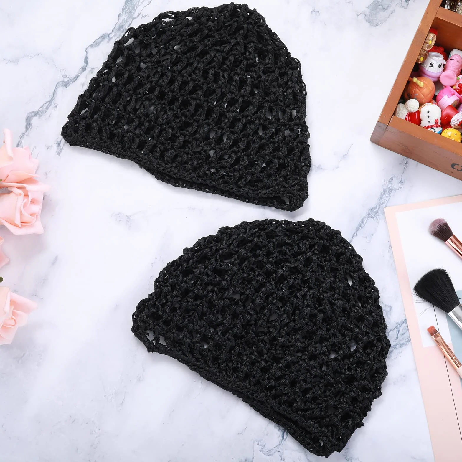 WLLHYF 2 sztuki siatek na włosy czapka do spania siatka na włosy Snoods Wrap Bonnets Bonnets długie proste loki peruka ochrona głowy czarna siateczka do owijania szydełkowania czapka kucharska tkania