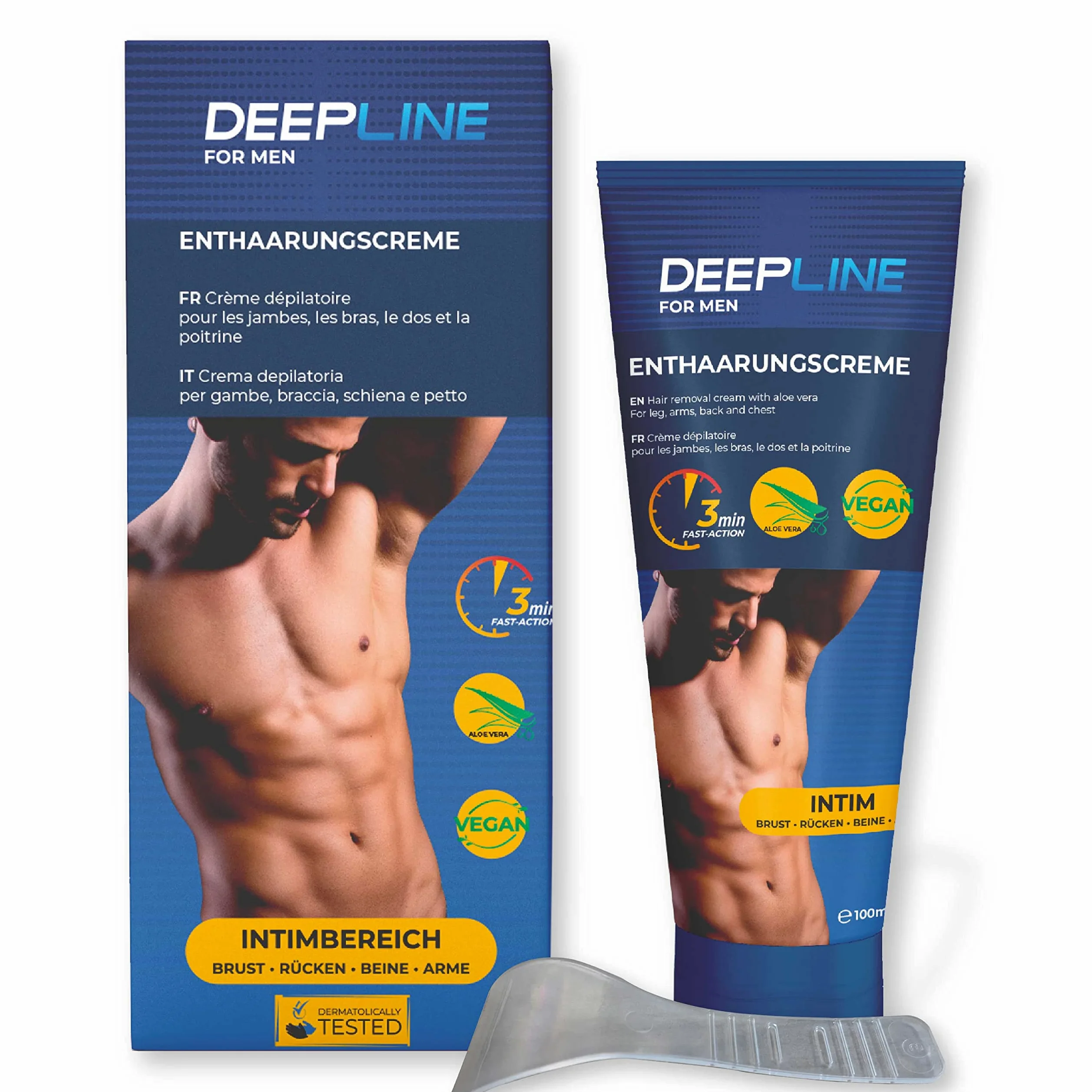 Deepline Krem do depilacji okolic intymnych, 100 ml, skuteczny krem do depilacji intymnej dla mężczyzn z aloesem i masłem shea, testowany dermatologicznie, dla długotrwałych rezultatów