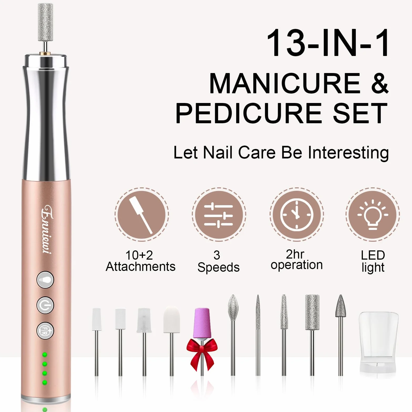 Bezprzewodowa frezarka do paznokci ze światłem 25000 obr./min, 13 w 1, zestaw do manicure, pedicure, elektryczna z osłoną przeciwpyłową, możliwość ponownego ładowania, elektryczna frezarka do