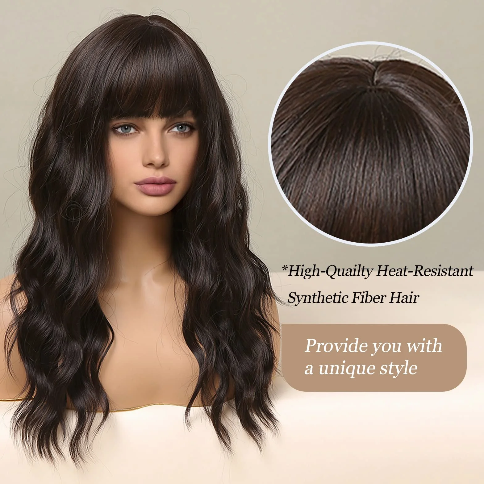 HAIRCUBE Długie kręcone peruki dla kobiet ciemnobrązowe peruki żaroodporne codzienne zużycie peruka syntetyczna
