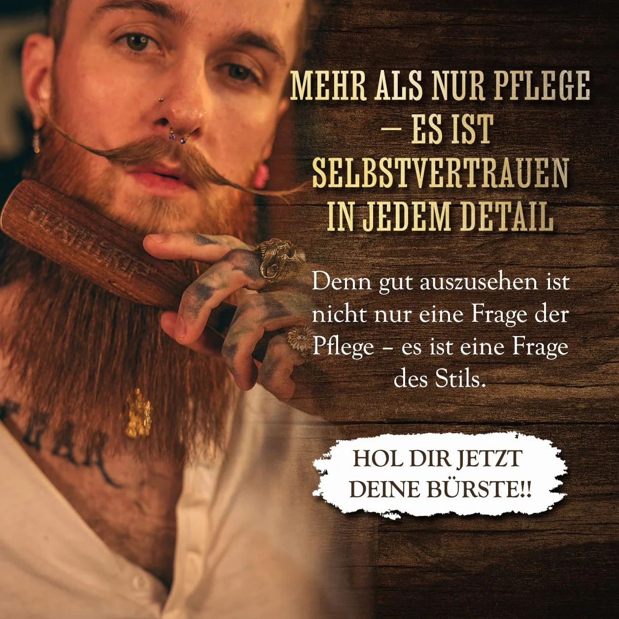 THE VINTAGE GROOMING CO. Szczotka do brody i wąsów z drewna – włosie dzika – brązowa – dla mężczyzn z brodą – ergonomiczny uchwyt – pielęgnuje włosy i oczyszcza skórę głowy