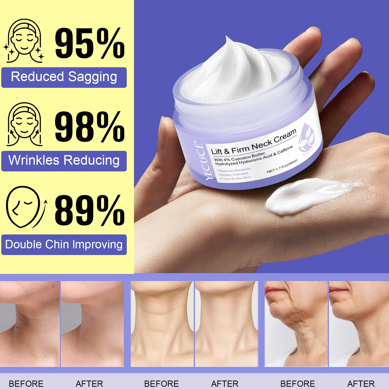 Lift & Firm Neck Cream, ujędrniający krem na szyję i dekolt, z proaktywnym kompleksem regenerującym, organiczny krem redukujący zmarszczki, linie szyi, 50 ml