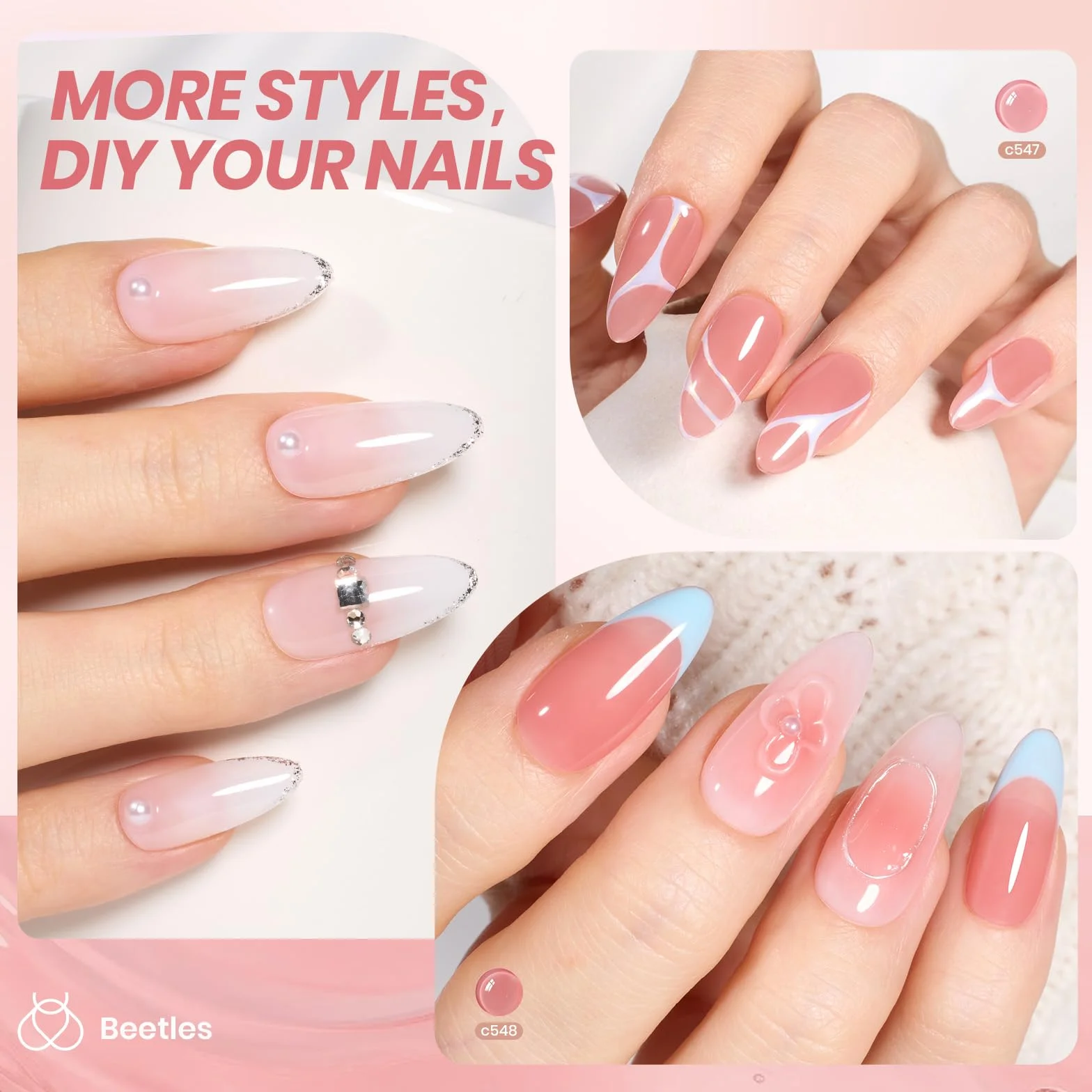 Beetles Jelly Gel Nail Polish Zestaw 6 kolorów Neutralny przezroczysty lakier UV do paznokci Mleczny biały Nude Pink Półprzezroczysty żel do paznokci DIY Manicure