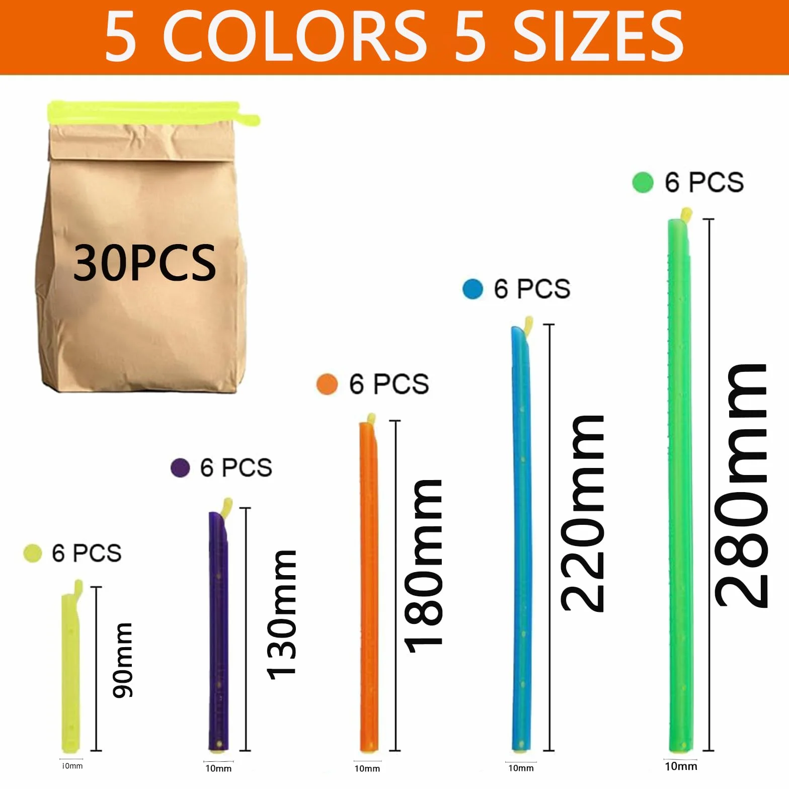 30 sztuk patyczków uszczelniających z tworzywa sztucznego, 5 rozmiarów, trwałe patyczki uszczelniające Magic Bag Sealing Sticks pieczęć wytrzymałościowa, nadają się do zamykania przekąsek, składników