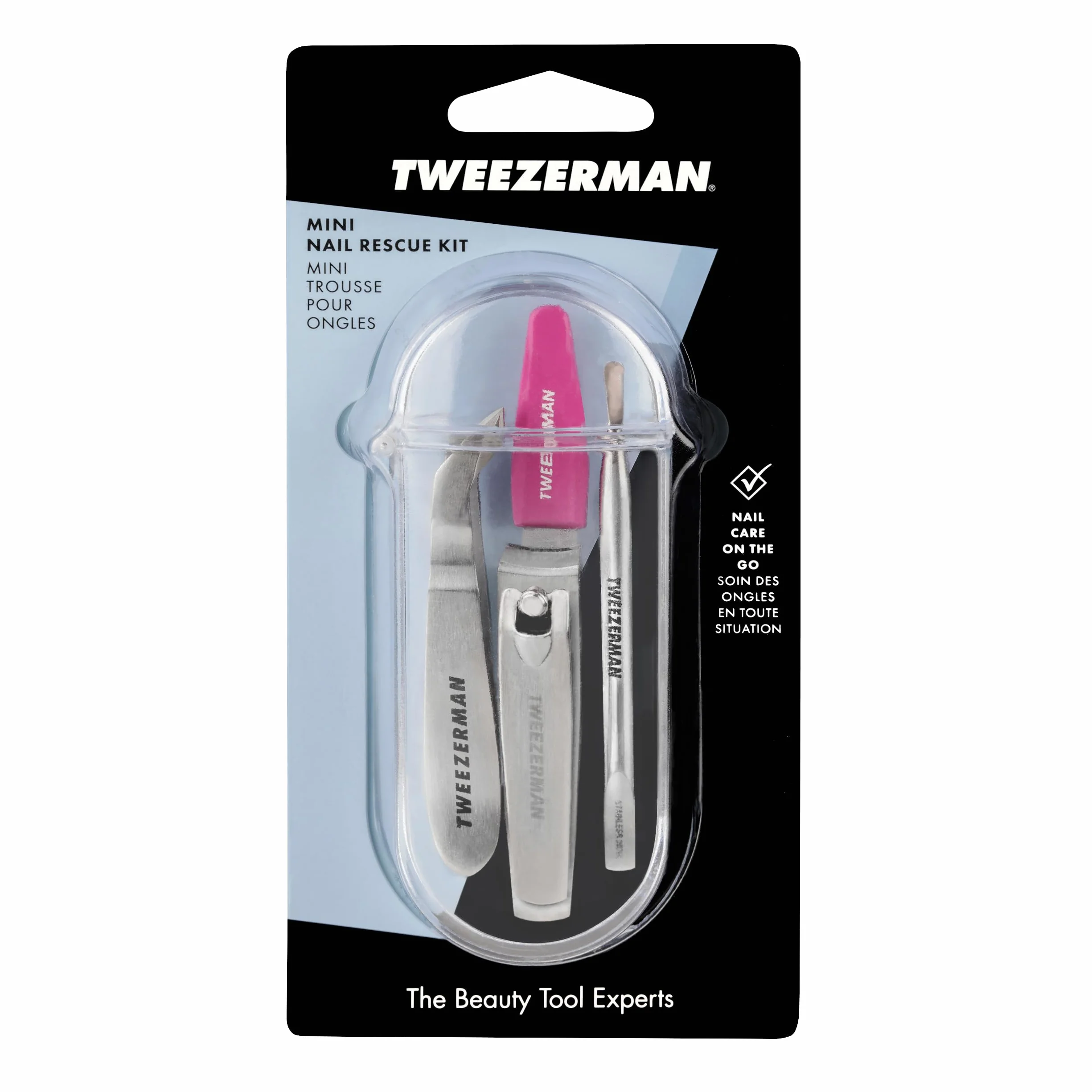 TWEEZERMAN Zestaw do manicure i pedicure (4 części, mini zestaw awaryjny, zestaw podróżny do każdej torebki, z cążkami i pilnikiem do paznokci), różowy