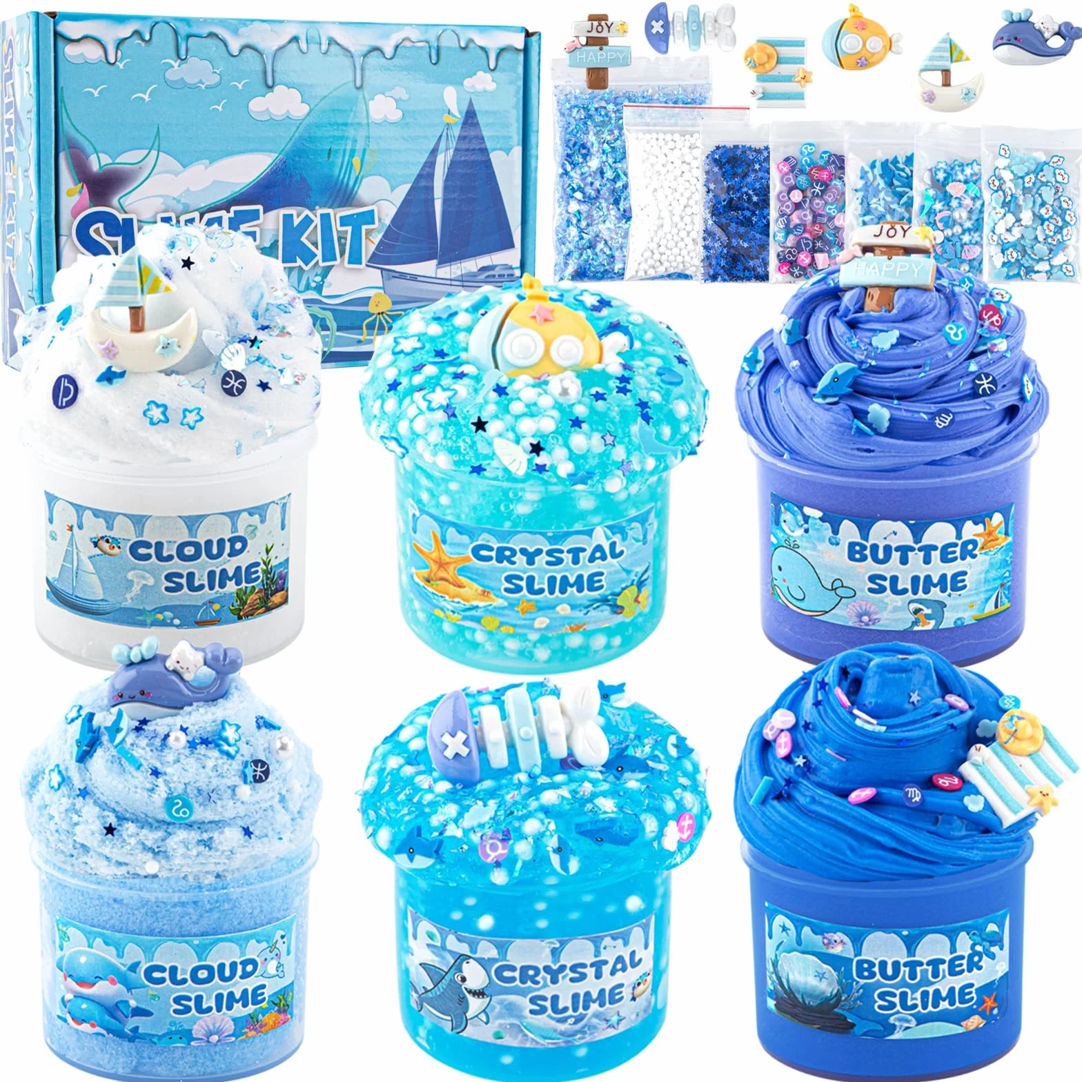 LAWOHO Zestaw Gradient Blue Slime – chmura, masło i przezroczysty szlam, szlam dla dzieci z różnymi zawieszkami i dodatkami, nieprzylepne upominki na imprezę dla dziewcząt i chłopców, 360 ml zestaw